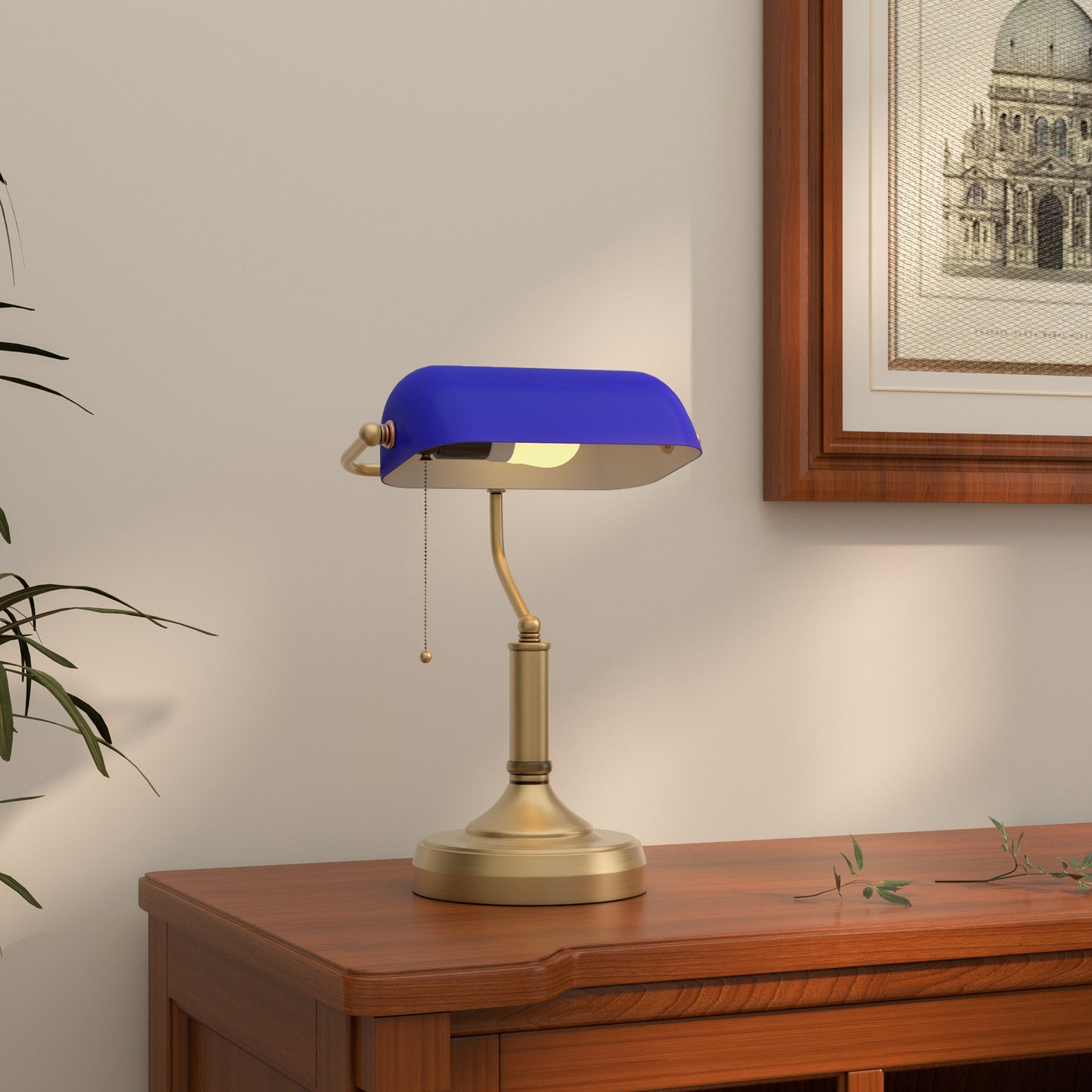 Banker's Desk Lamp With Antique Bronze Tone Base, Table Lamp With Blue Glass Shade For Home Office, Blue