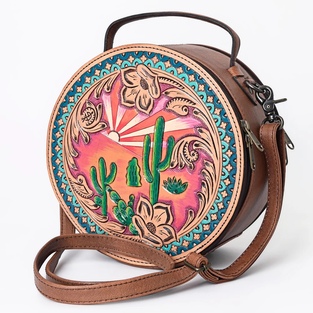 American Darling Western Canteen Bag Hand Tooled Genuine Leather Crossbody-Desert Sunset