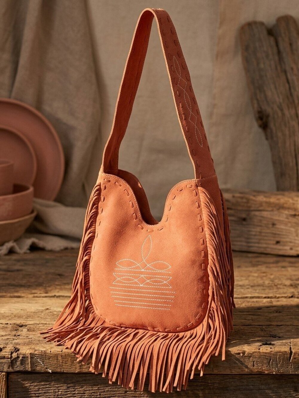 American Darling Peaches and Cream Desert Fringe Suede Crossbody Hobo