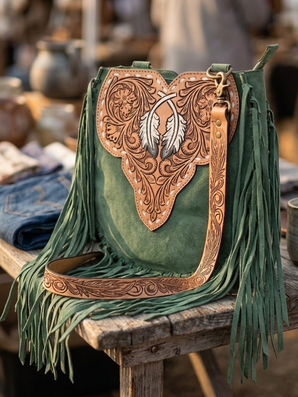 American Darling Sagebrush Boho Fringe Feather Crossbody Bag