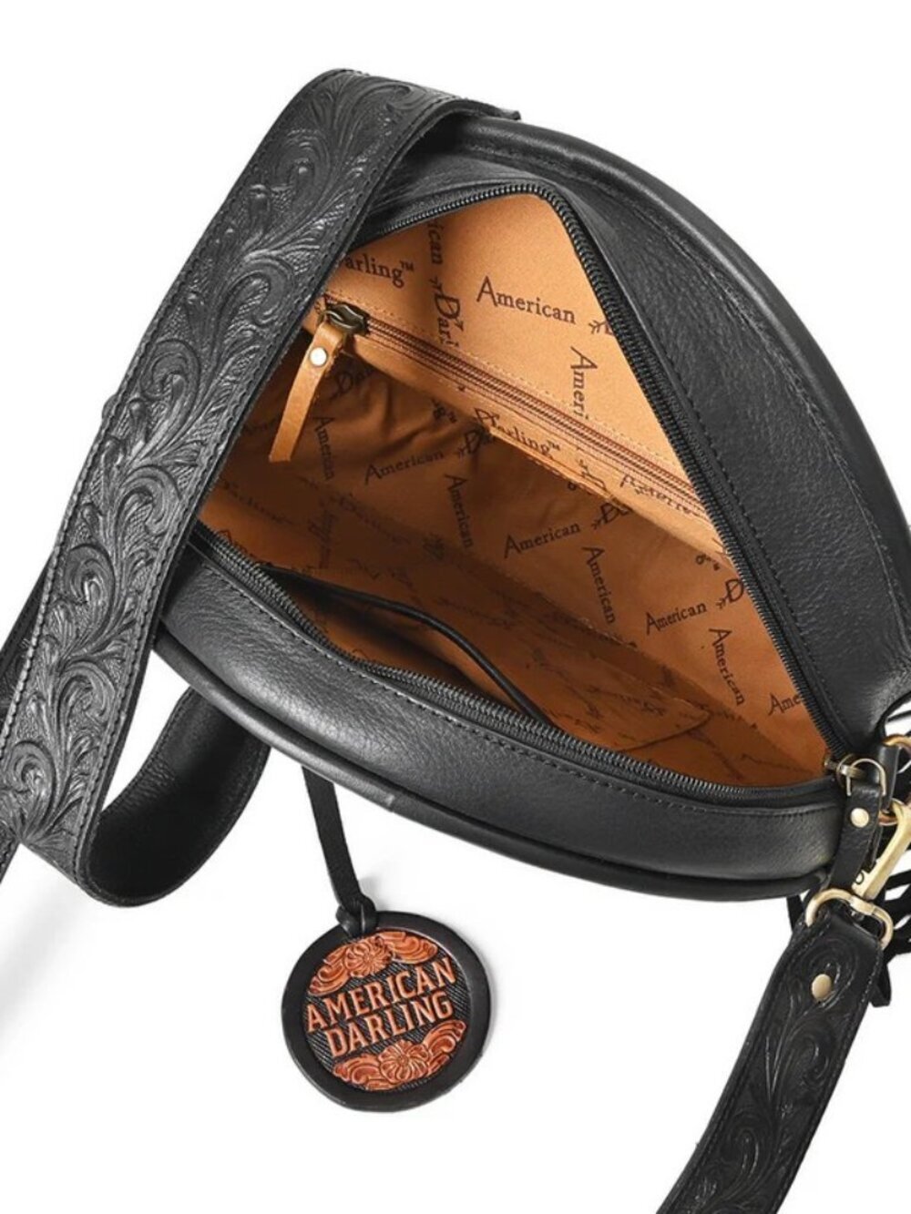 American Darling mixed media Black Western Round Fringe Crossbody Canteen Bag