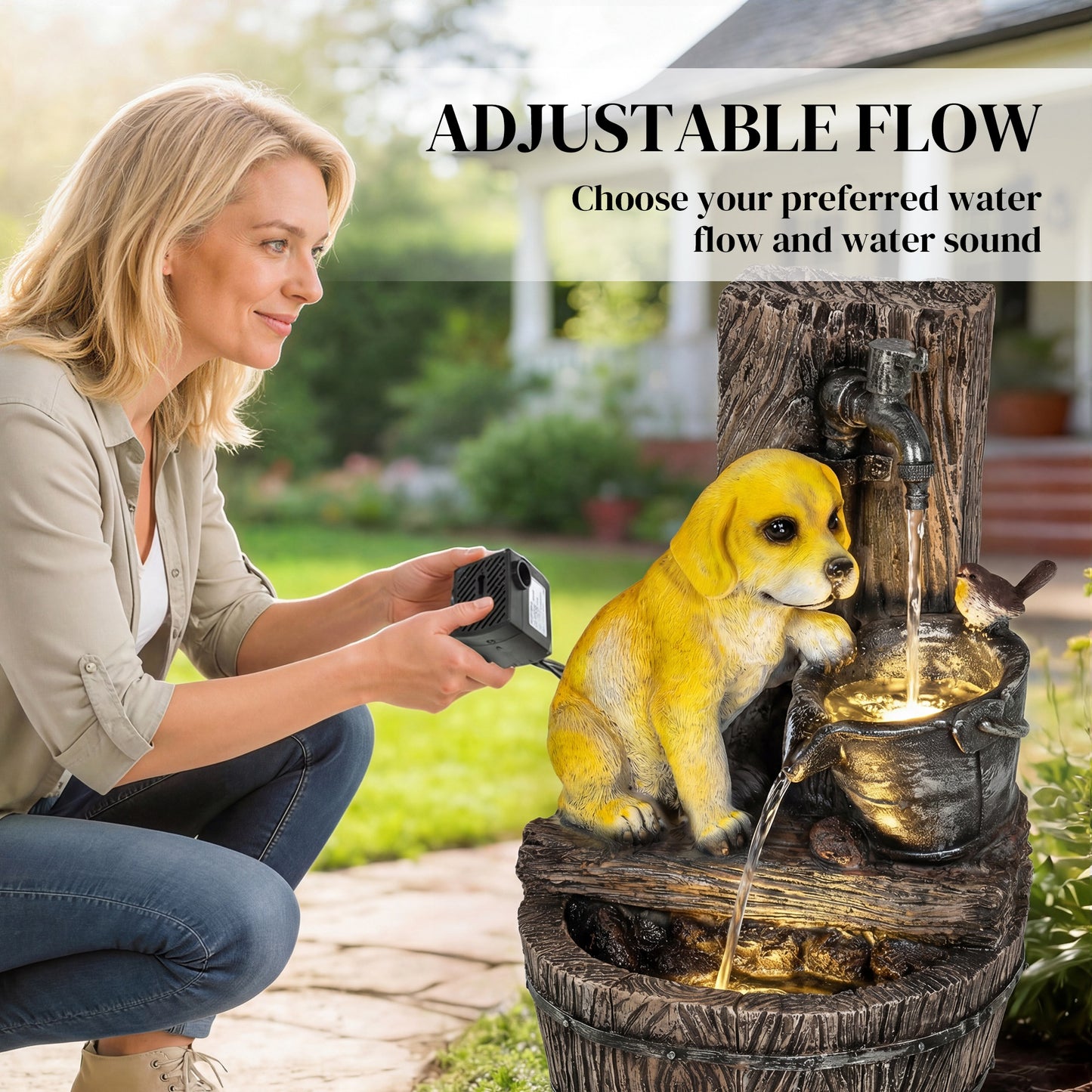 22" Outdoor Fountain with 3-Tier Puppy Theme, Resin Garden Fountain with LED Lights, Adjustable Flow, Rustic Brown