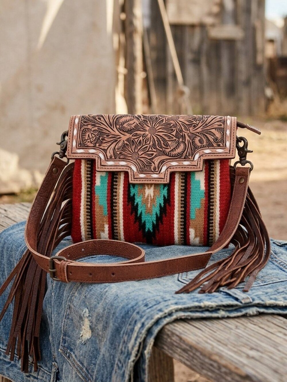 American Darling Desert Bloom Tooled Crossbody- Saddle Blanket Bag