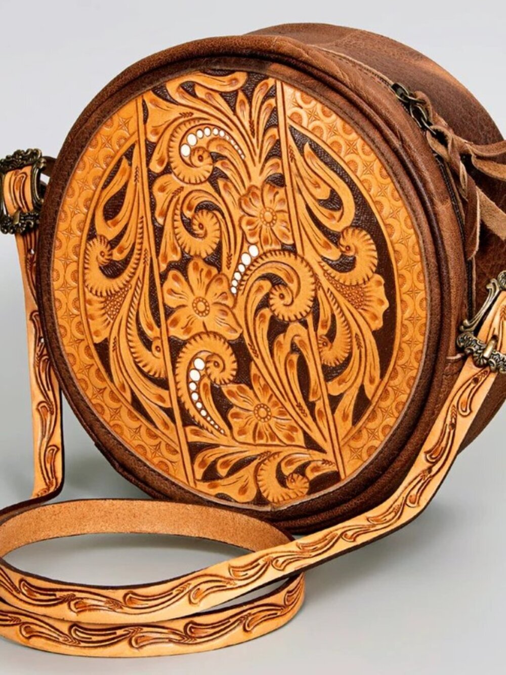 American Darling Tooled Leather Circle Canteen Crossbody