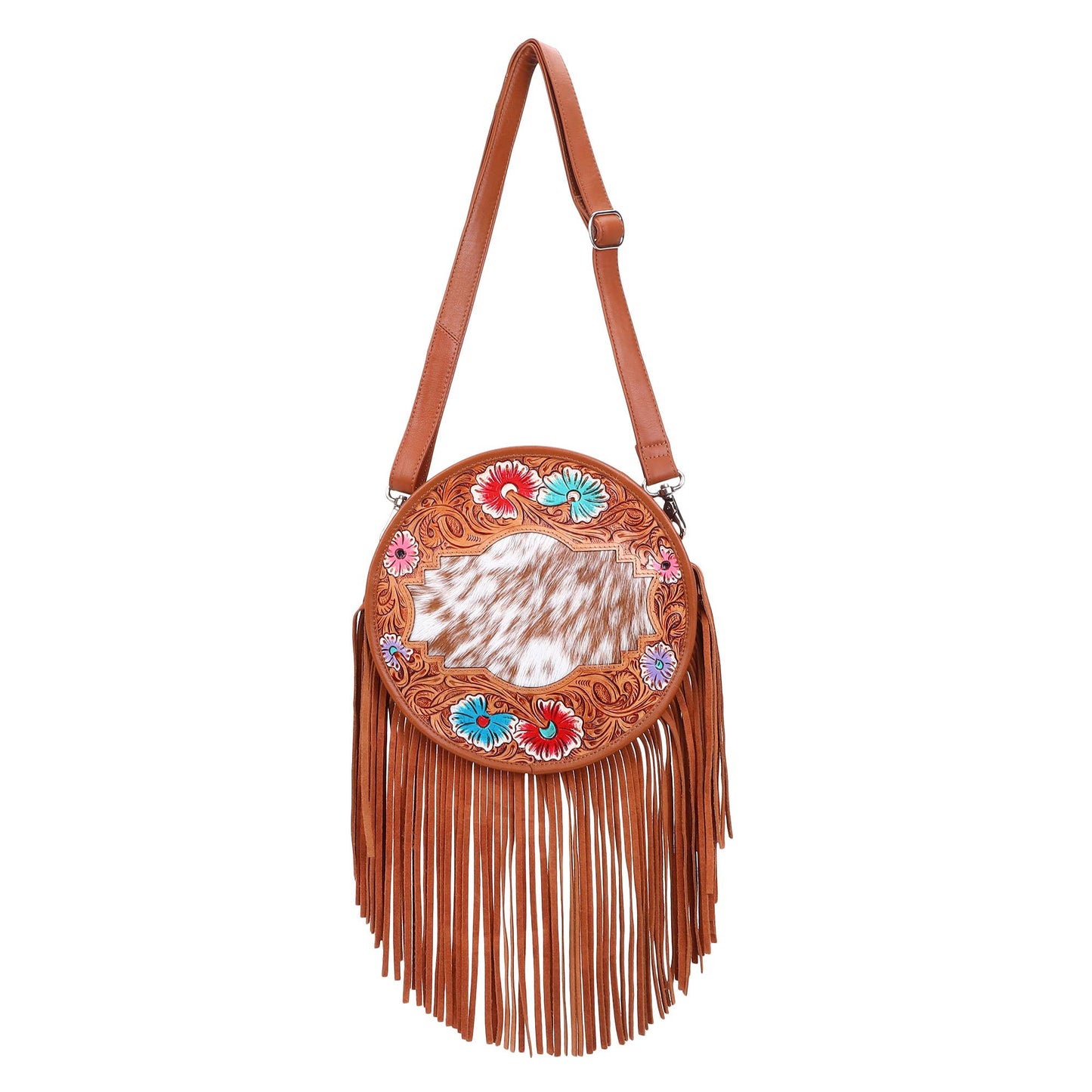 Leather Cowhide Western Hand Tooled Women's Round Crossbody Brown and White