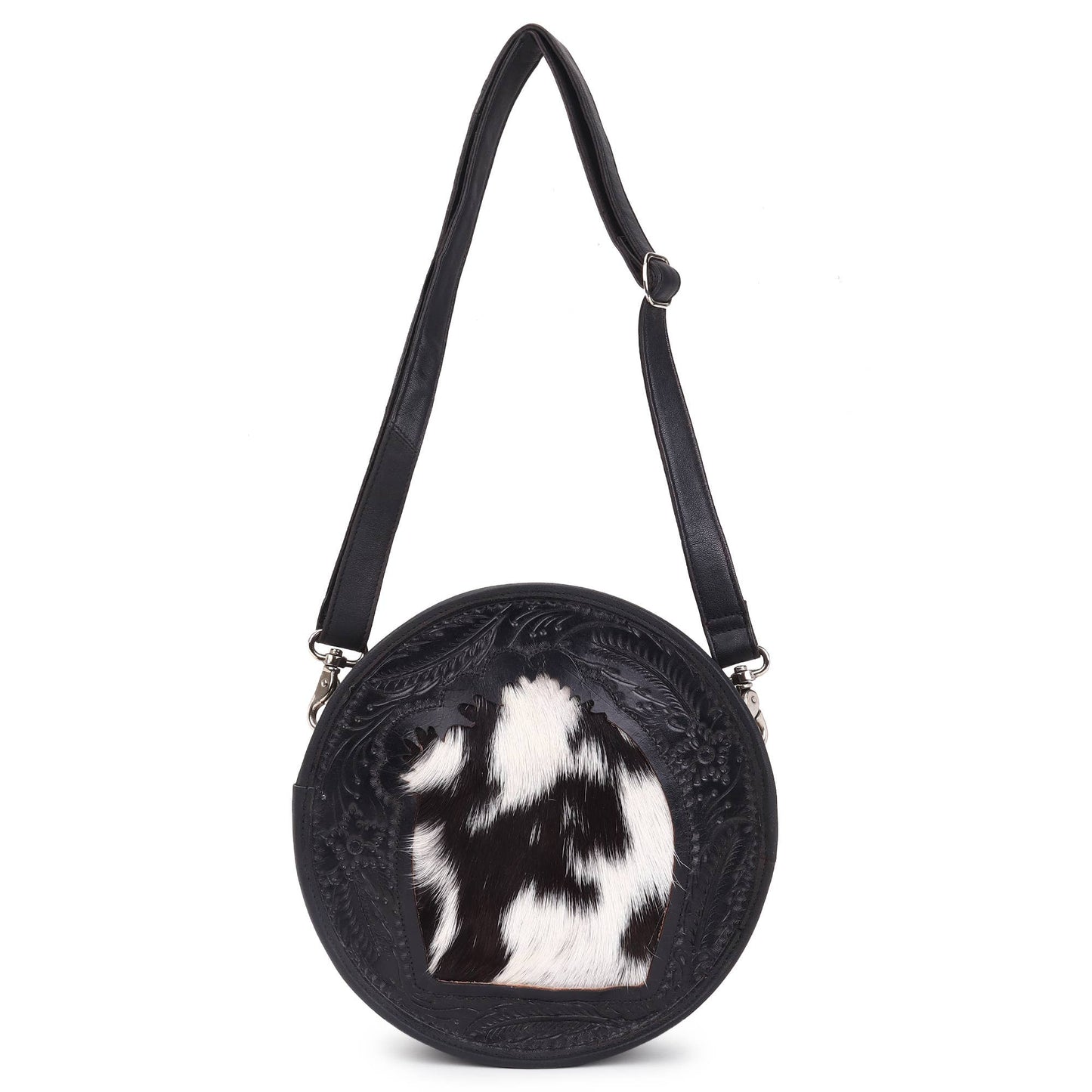 Leather Cowhide Western Hand Tooled Women's Round Crossbody Brown and White