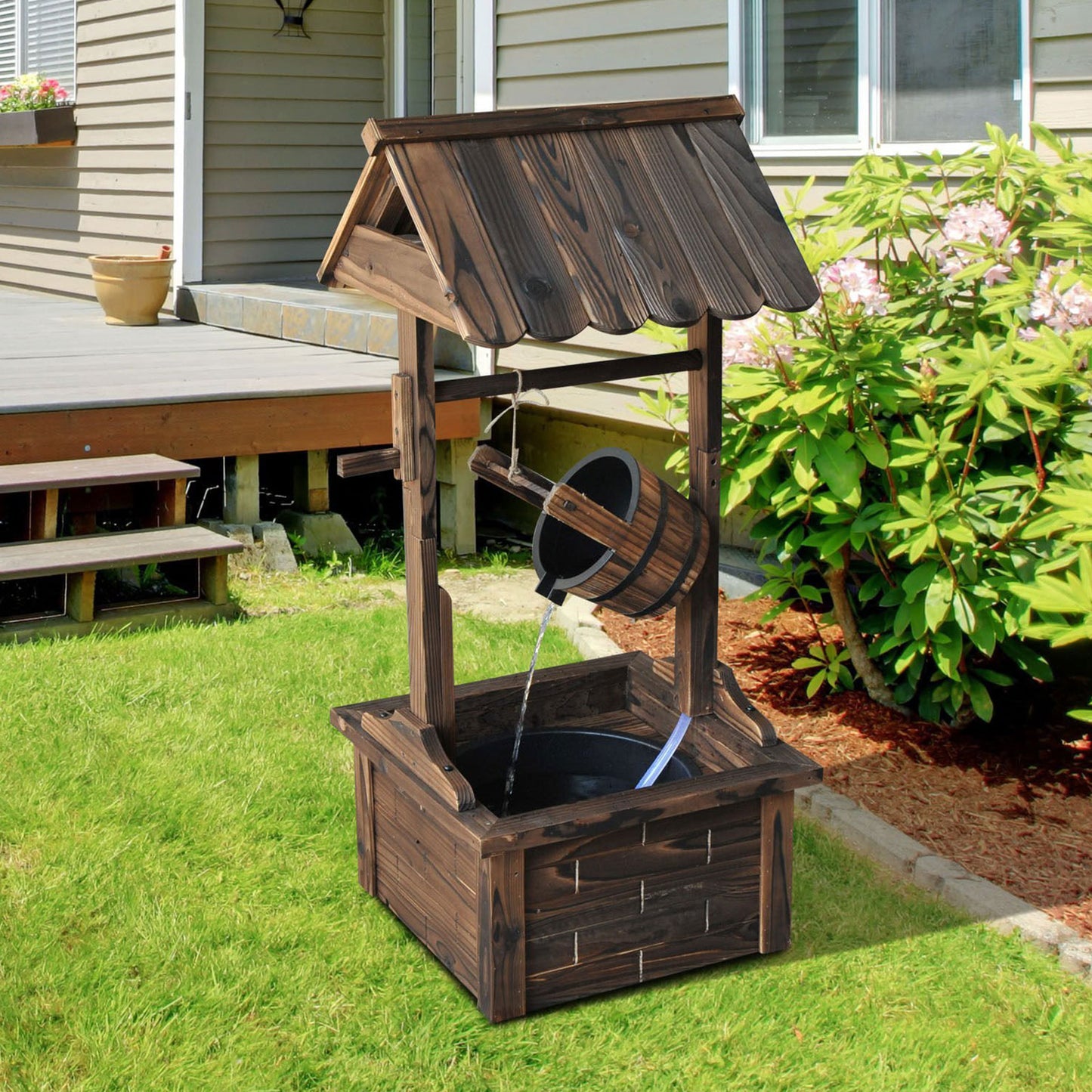 Outdoor Wooden Wishing Well Fountain with Adjustable Water Flow Rate, Outdoor Rustic Waterfall Fountain with Electric Pump, Water Bucket, for Backyard Patio Garden Lawn, Carbonized Finish