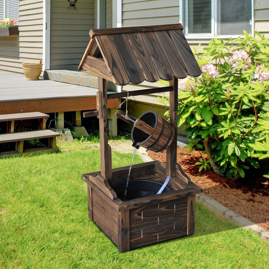 Outdoor Wooden Wishing Well Fountain with Adjustable Water Flow Rate, Outdoor Rustic Waterfall Fountain with Electric Pump, Water Bucket, for Backyard Patio Garden Lawn, Carbonized Finish