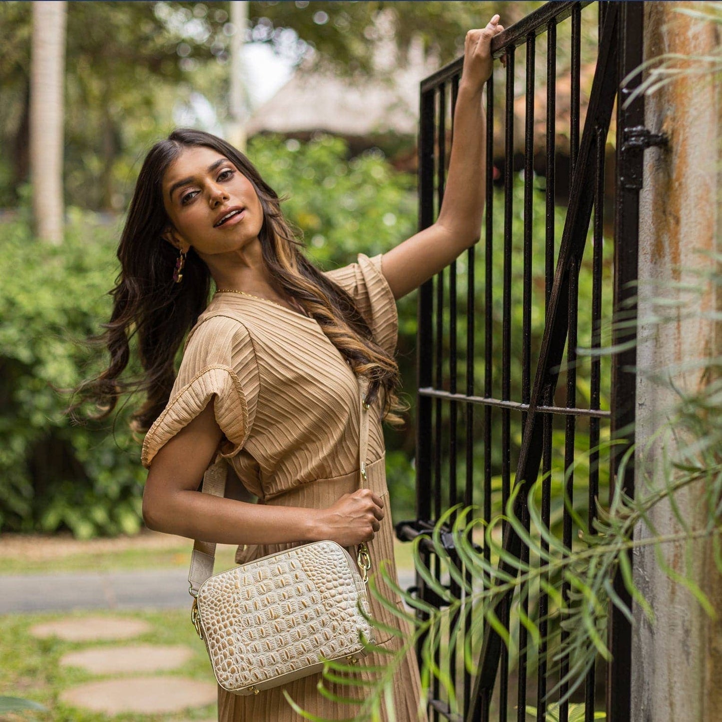 Anuschka Croc Embossed Leather Twin Top Messenger - 704 pearl