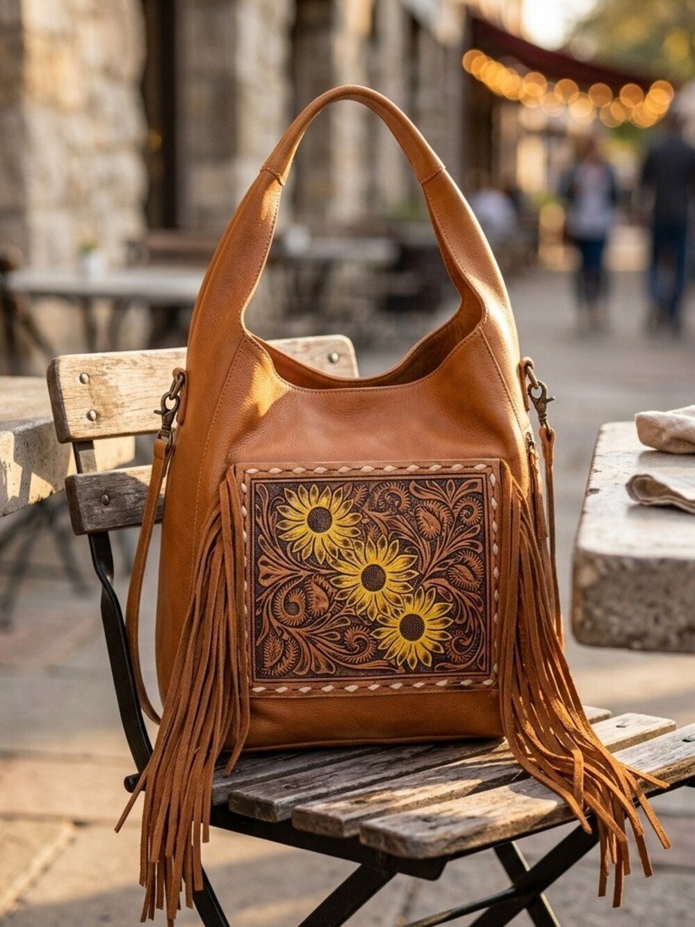 American Darling Sunflower Fringe Leather Hobo