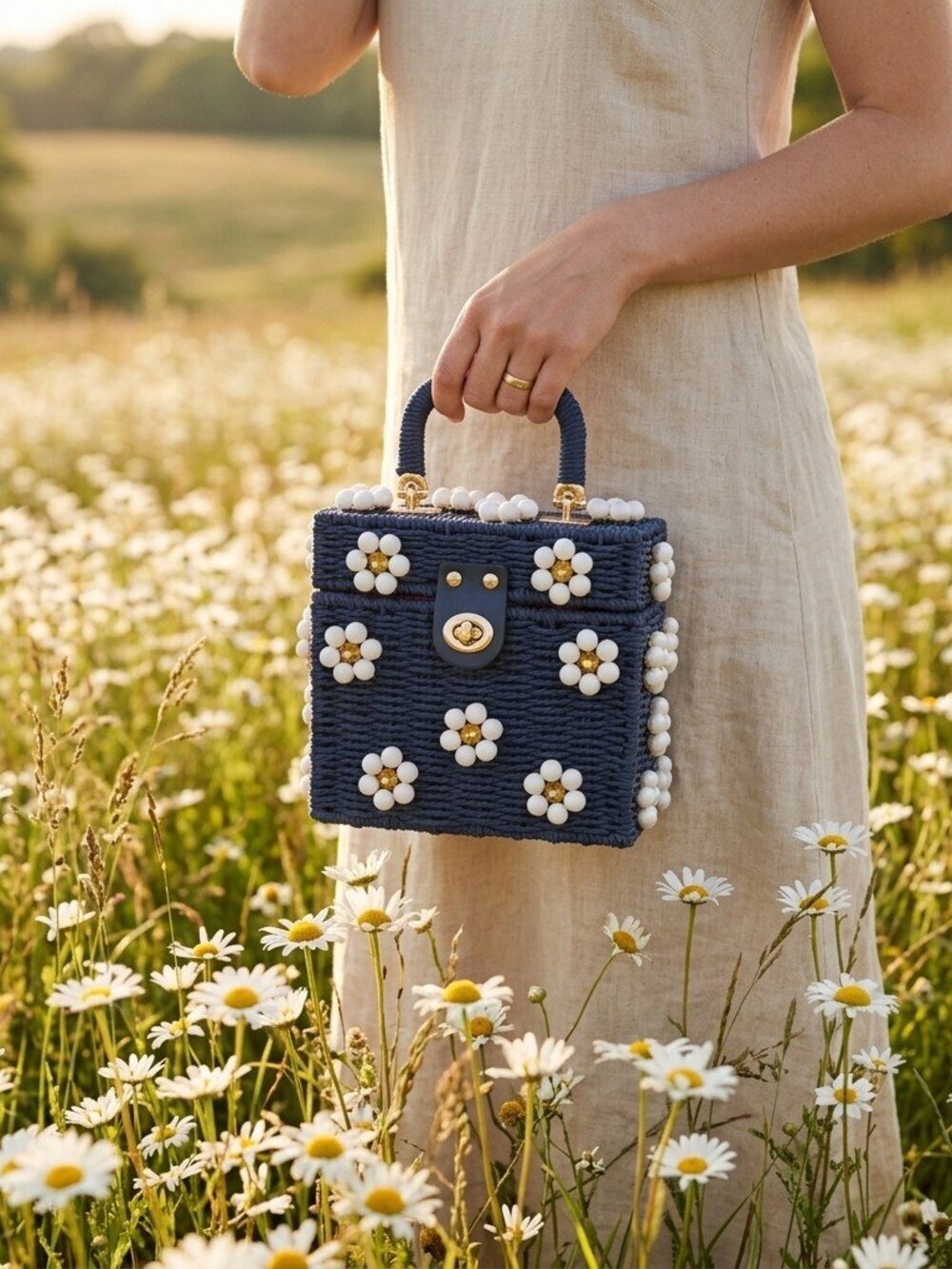 Midnight in the Hamptons Wicker Bucket Daisy Flower Purse