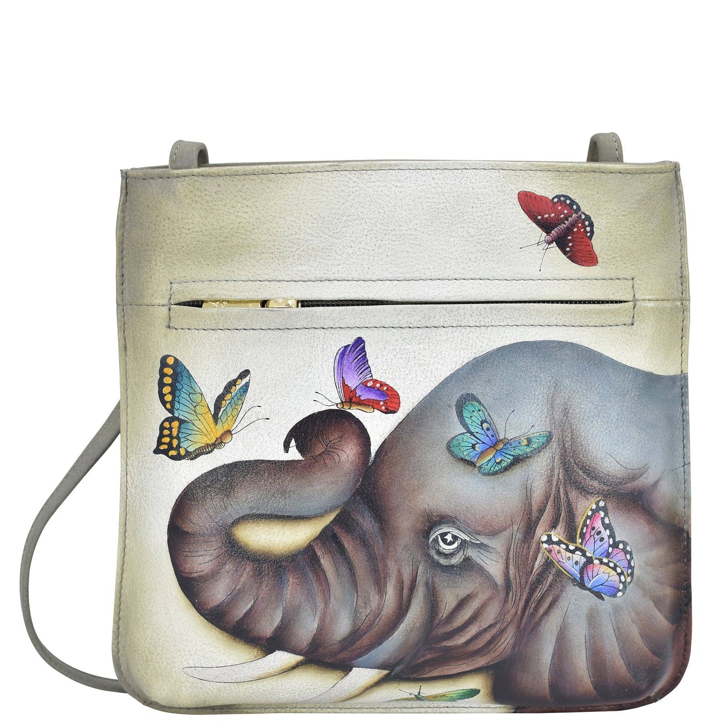 Anuschka Hand-Painted Leather Slim Crossbody With Front Zip - 452- Elephant