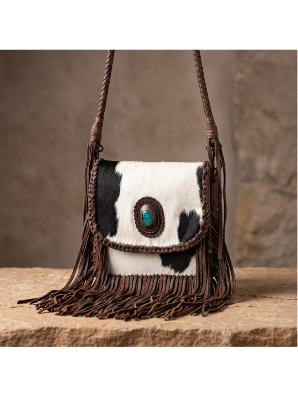 American Darling Desert Fringe Cowhide with Turquoise Concho Crossbody