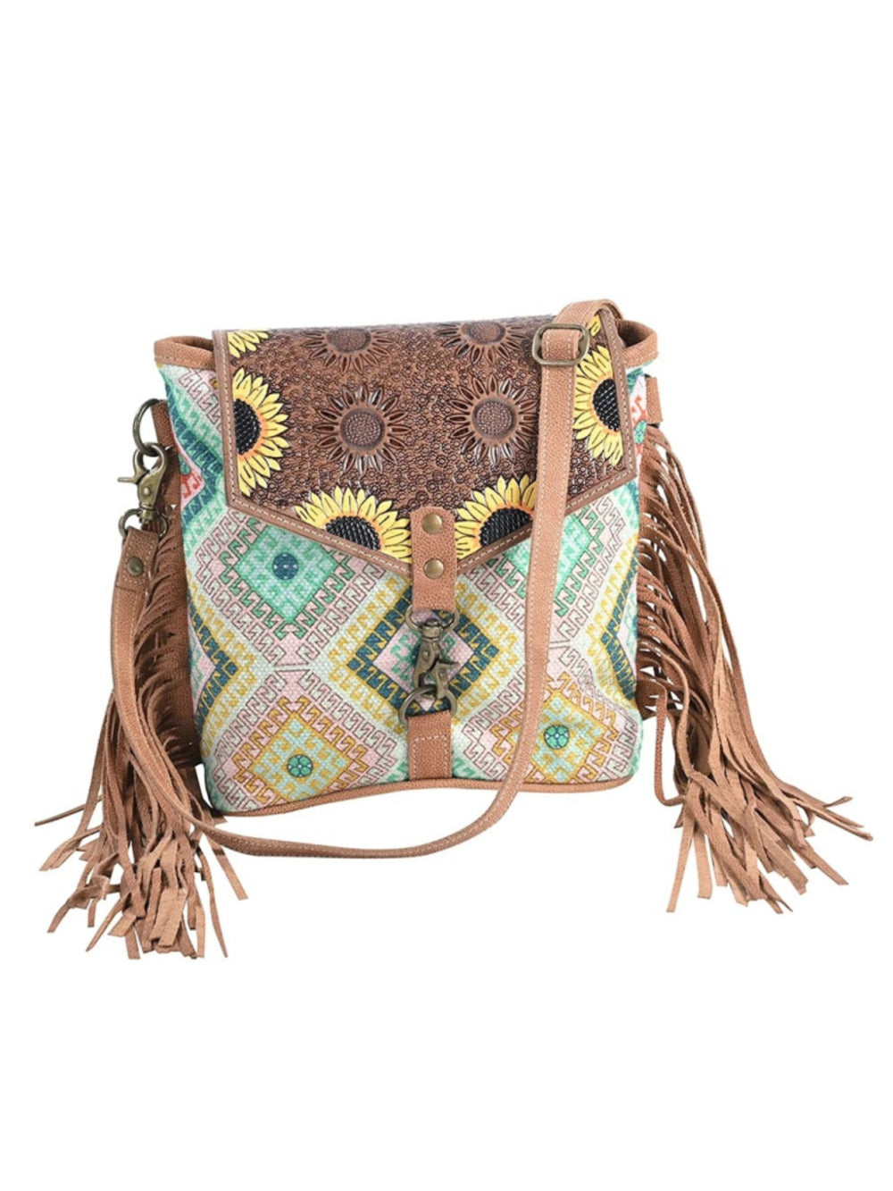 Ohlay by American Darling Sunflower Daydreams Fringe Crossbody teal and yellow