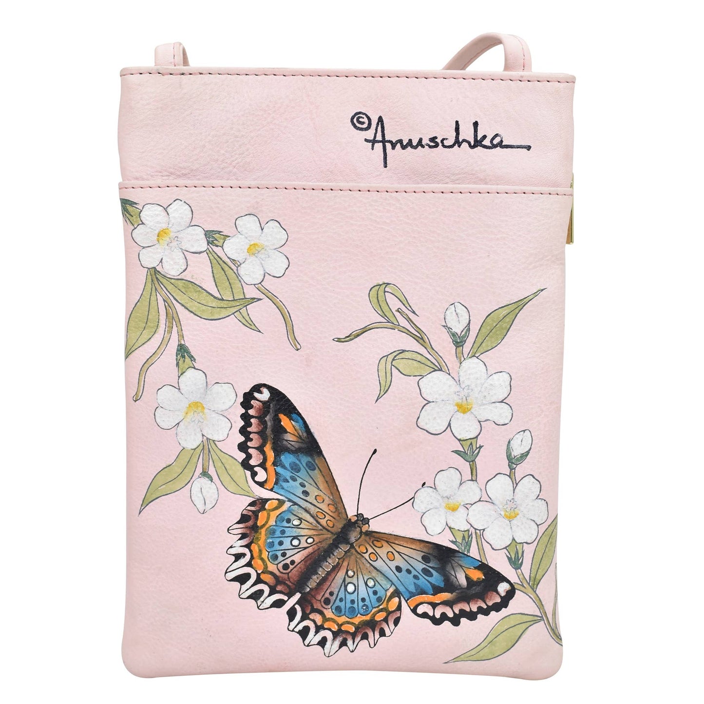 Anuschka Hand-Painted Leather Mini Double Zip Travel Crossbody - 448-dusty pink with butterfly