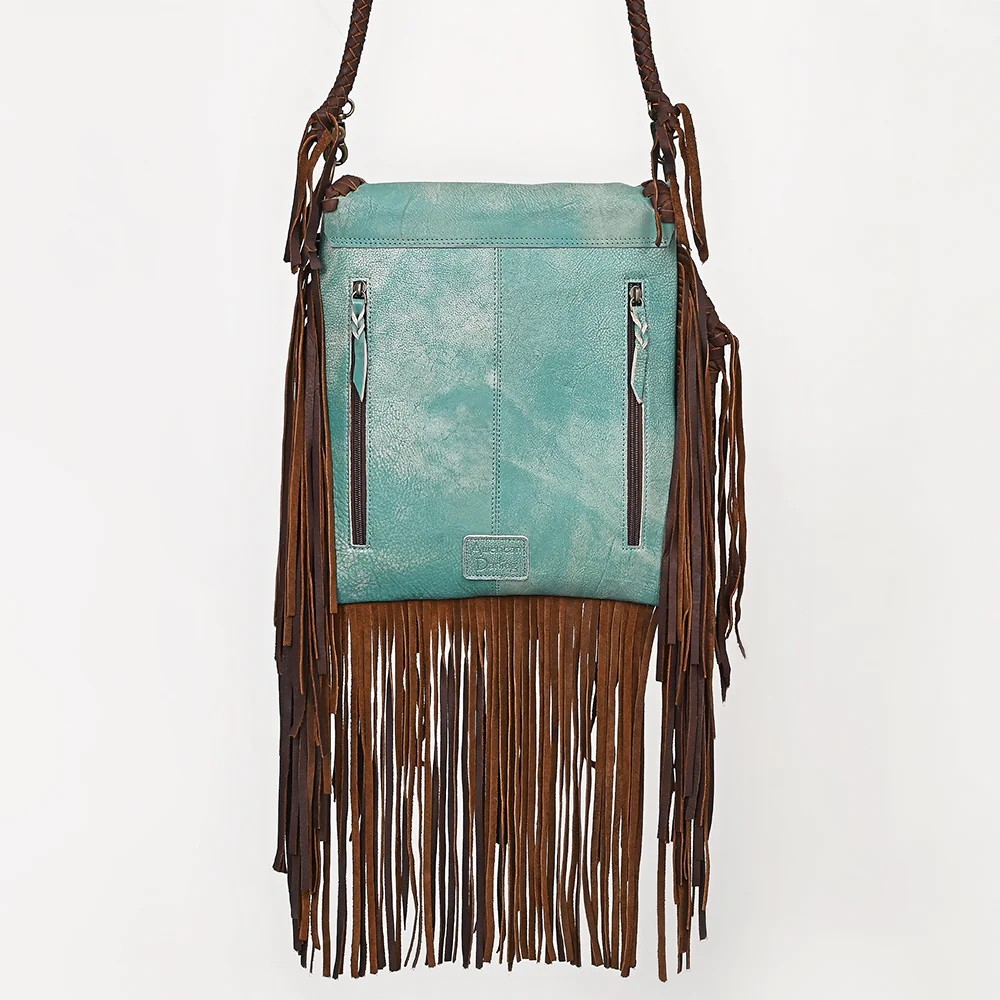 American Darling Turquoise & Brown Genuine Leather Fringe Messenger Bag with Braided Detail -Conceal Carry