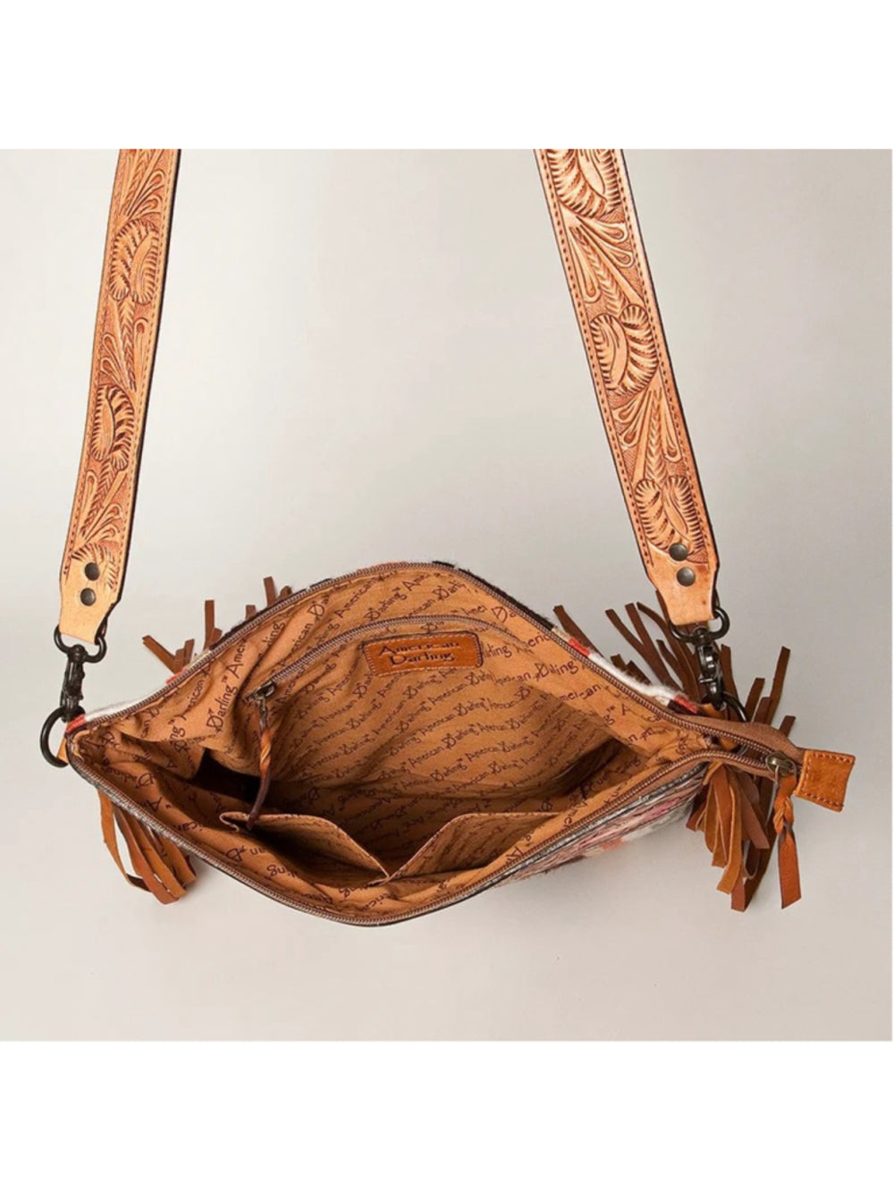 American Desert Bloom Brown and Coral Saddle Blanket Fringe Crossbody