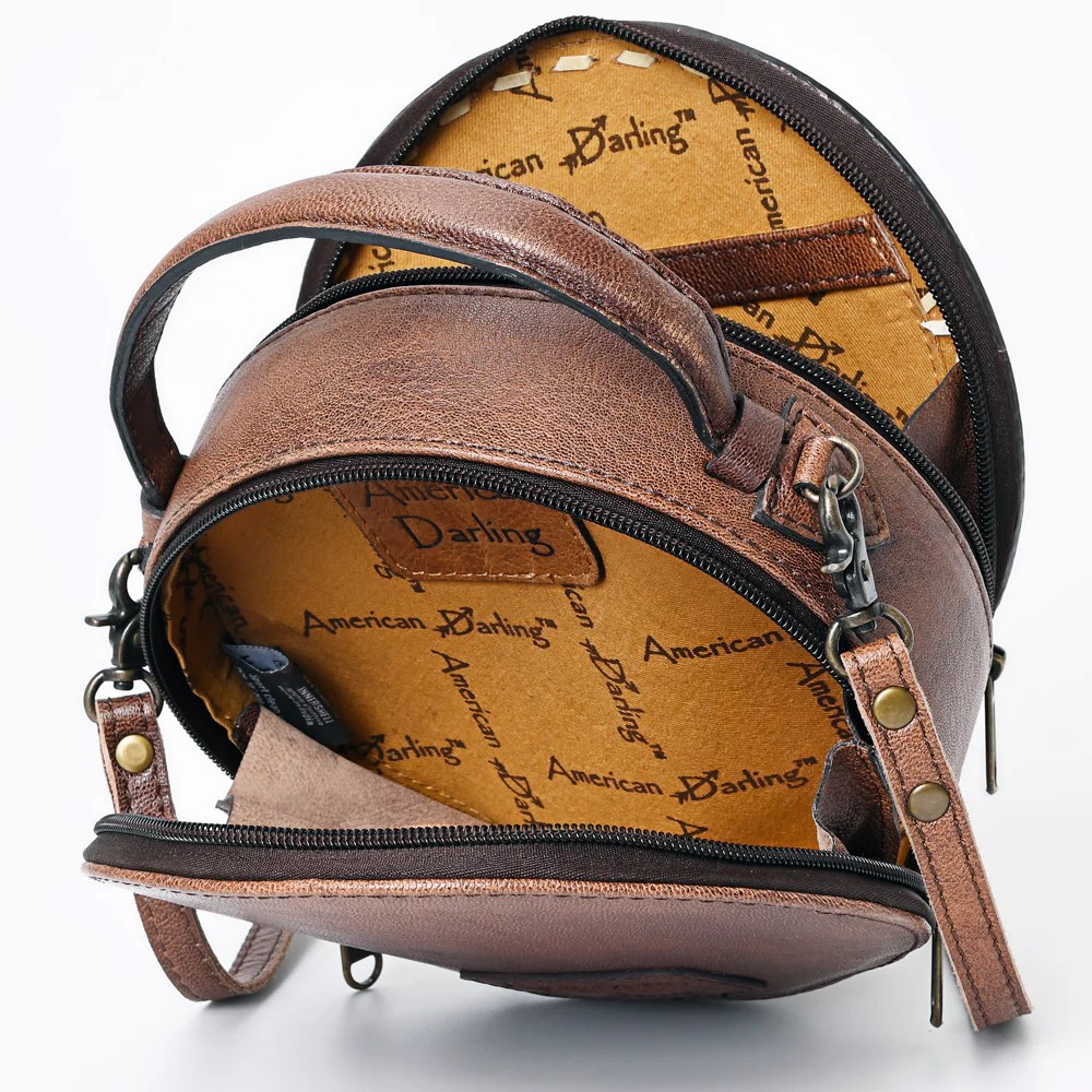 American Darling Western Tooled Leather Crossbody Canteen Bag Floral Carved Inlay-cactus moon