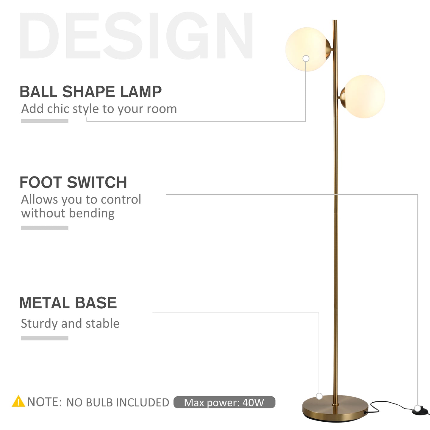 Floor Lamp w/ 2pcs Glass Lamp Shade Modern Portable Decorative Lamp, White