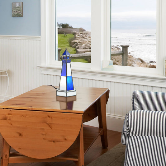 10.4"H Tiffany-Style  Blue & White Stained Glass Lighthouse Accent Lamp