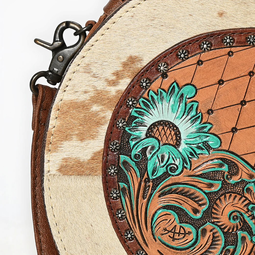 American American Darling Western Genuine Leather Canteen Bag with Hand-Tooled Detailing & Hair-On Accents-Turquoise or Black