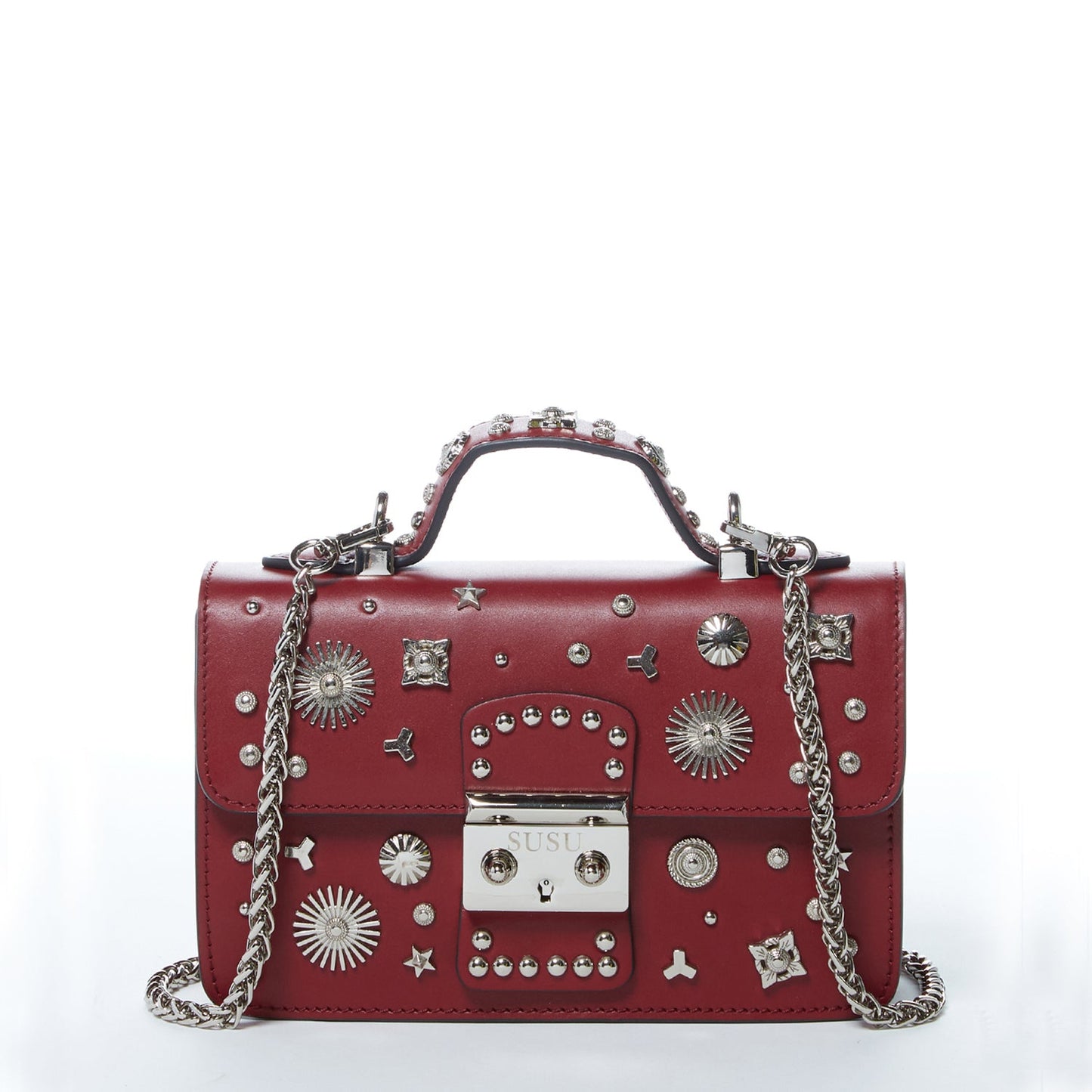 SUSU the Hollywood Studded Leather Crossbody Bag Burgundy