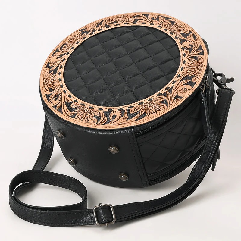 American Darling Black Quilted Leather Canteen Bag | Hand-Tooled Floral Crossbody