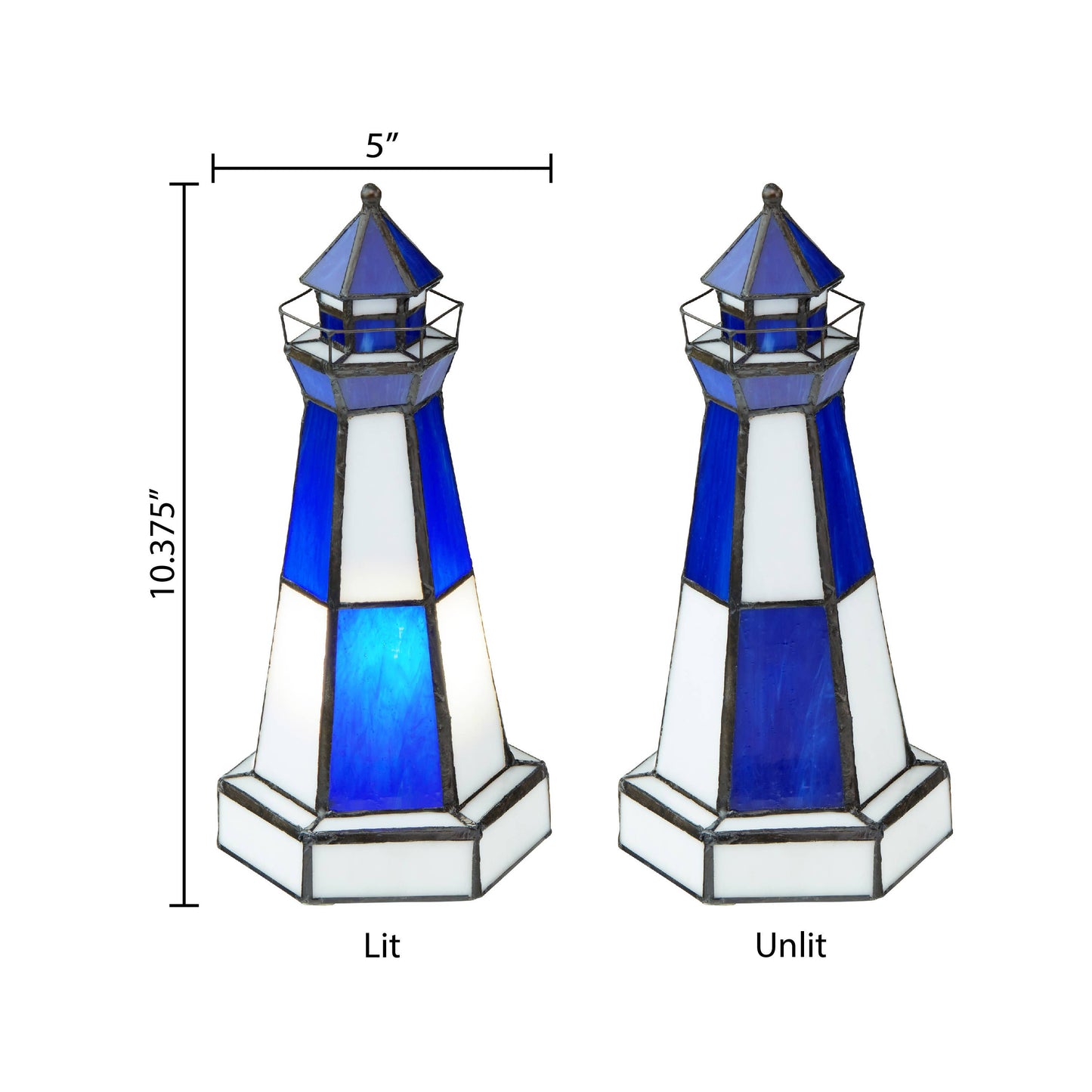 10.4"H Tiffany-Style  Blue & White Stained Glass Lighthouse Accent Lamp