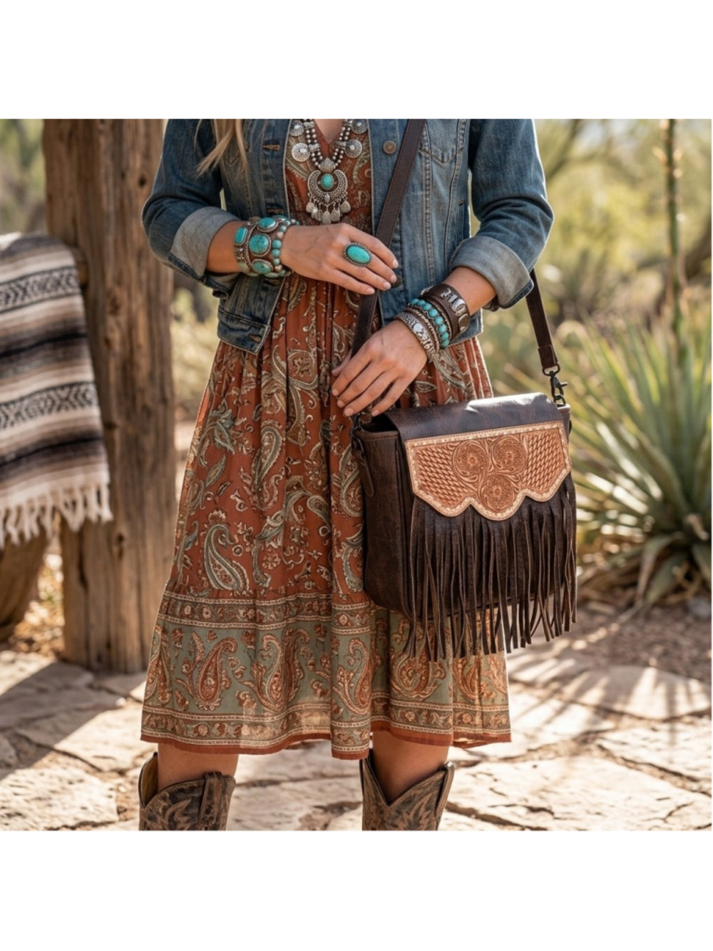 American Darling Western Boho Fringe Tooled Crossbody Bag