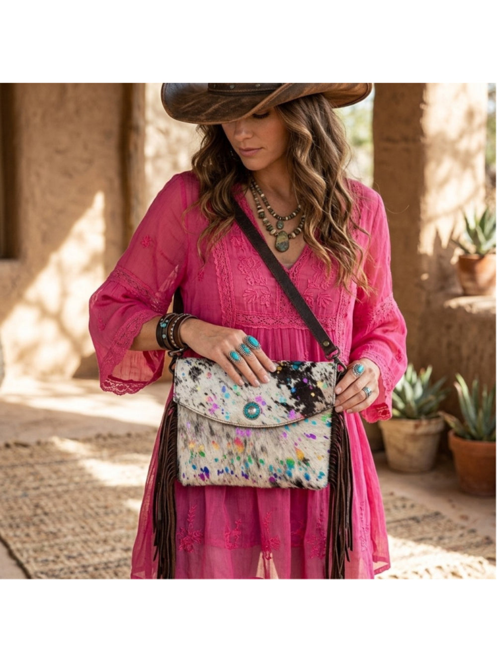 American Darling Wildflower Sparkle Fringe Crossbody Bag with turquoise center