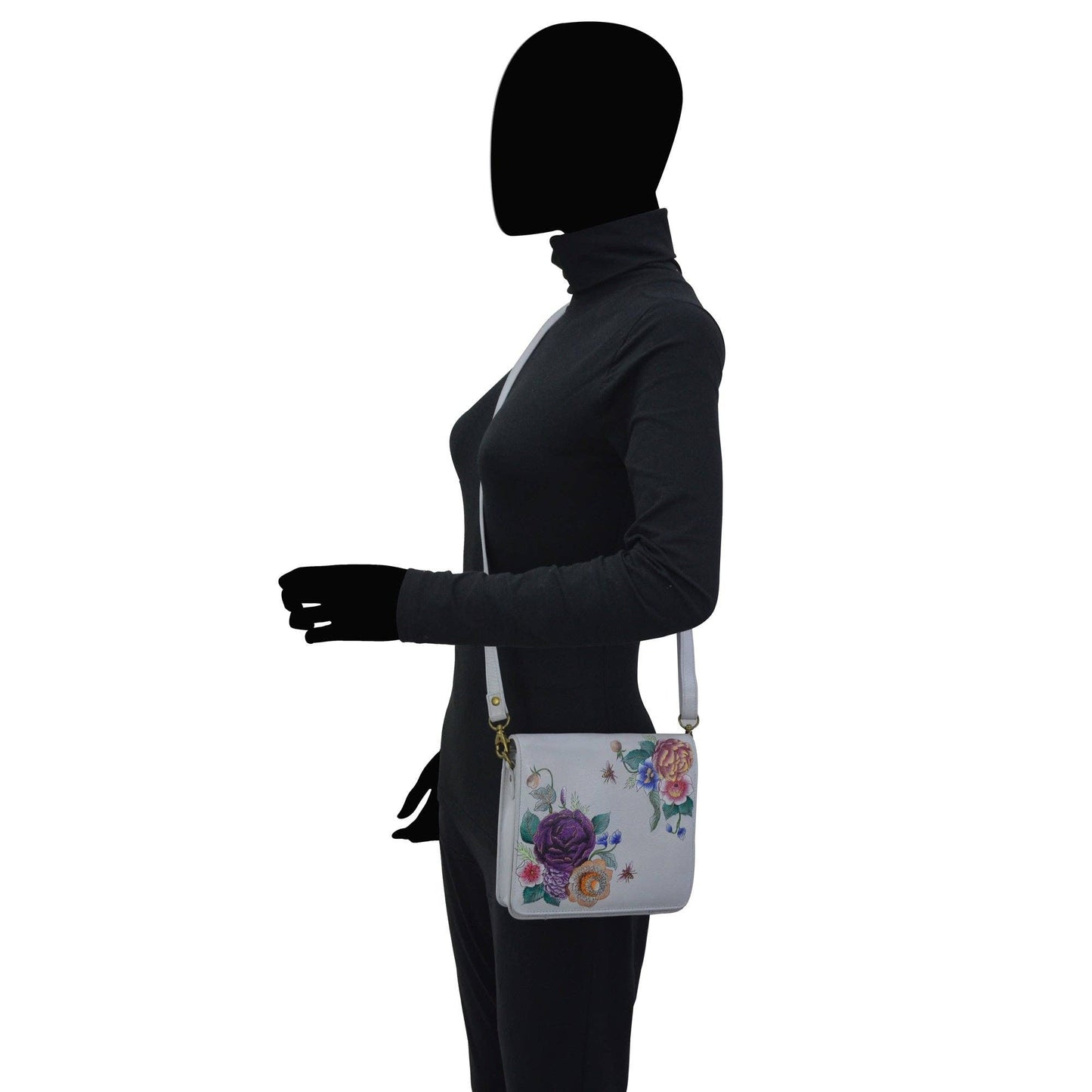 Anuschka Hand-Painted Leather Small Messenger - 669-gray floral
