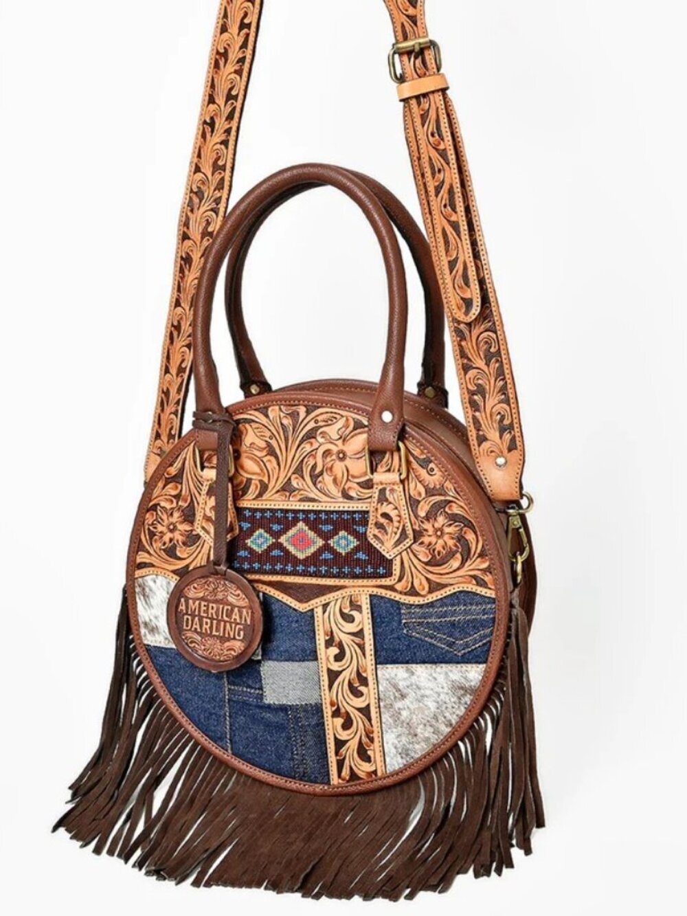 American Darling Patchwork Boho Fringe Tooled Crossbody Canteen Bag