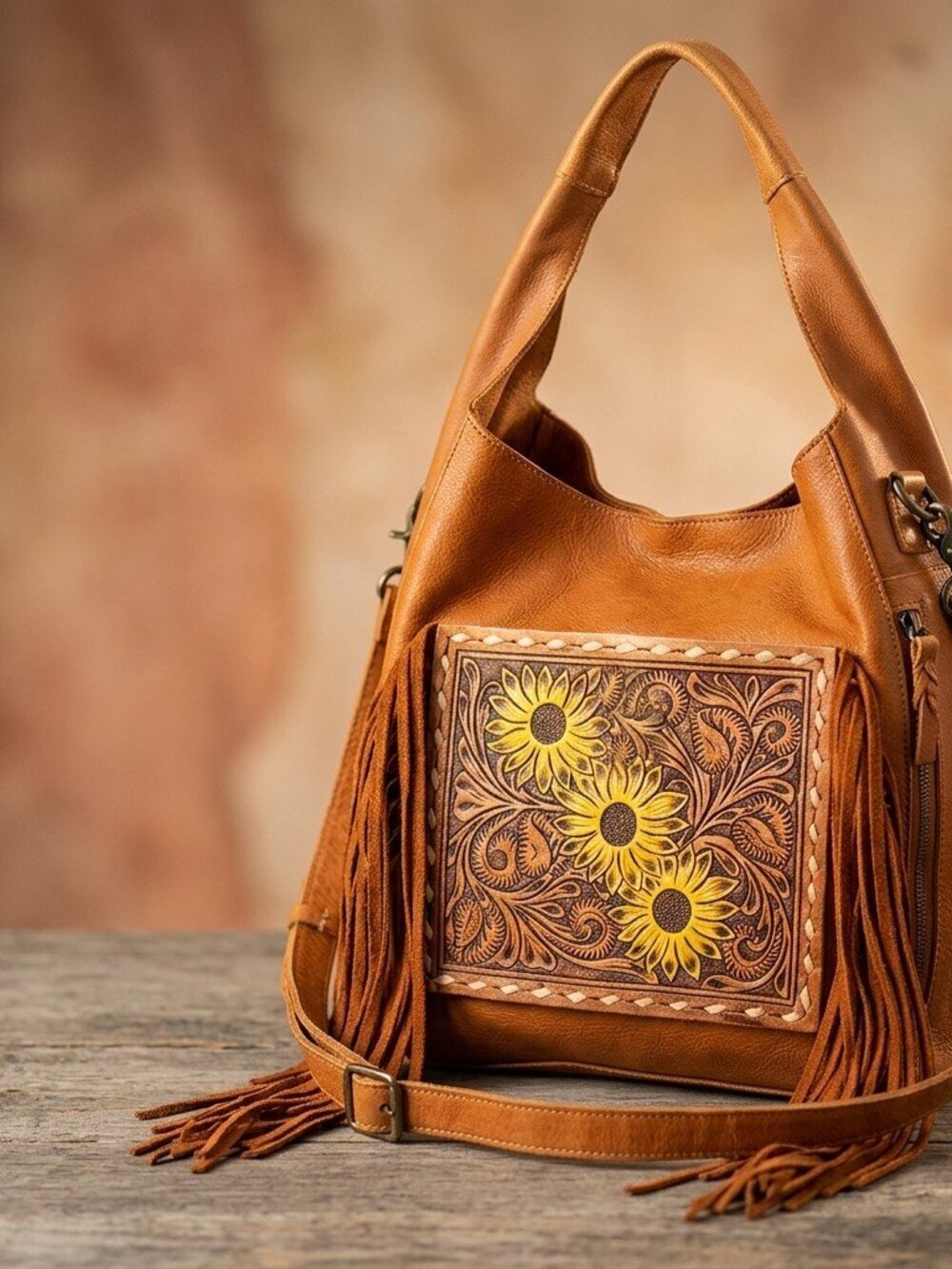 American Darling Sunflower Fringe Leather Hobo
