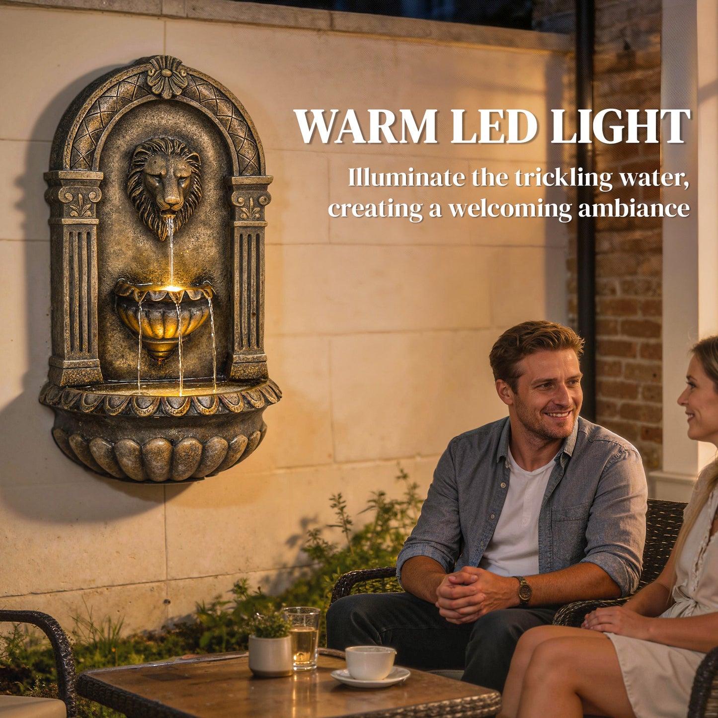 31" Wall-Mounted Outdoor Fountain, 3-Tier Cascading Waterfall Feature with LED Lights and Adjustable Flow, Bronze
