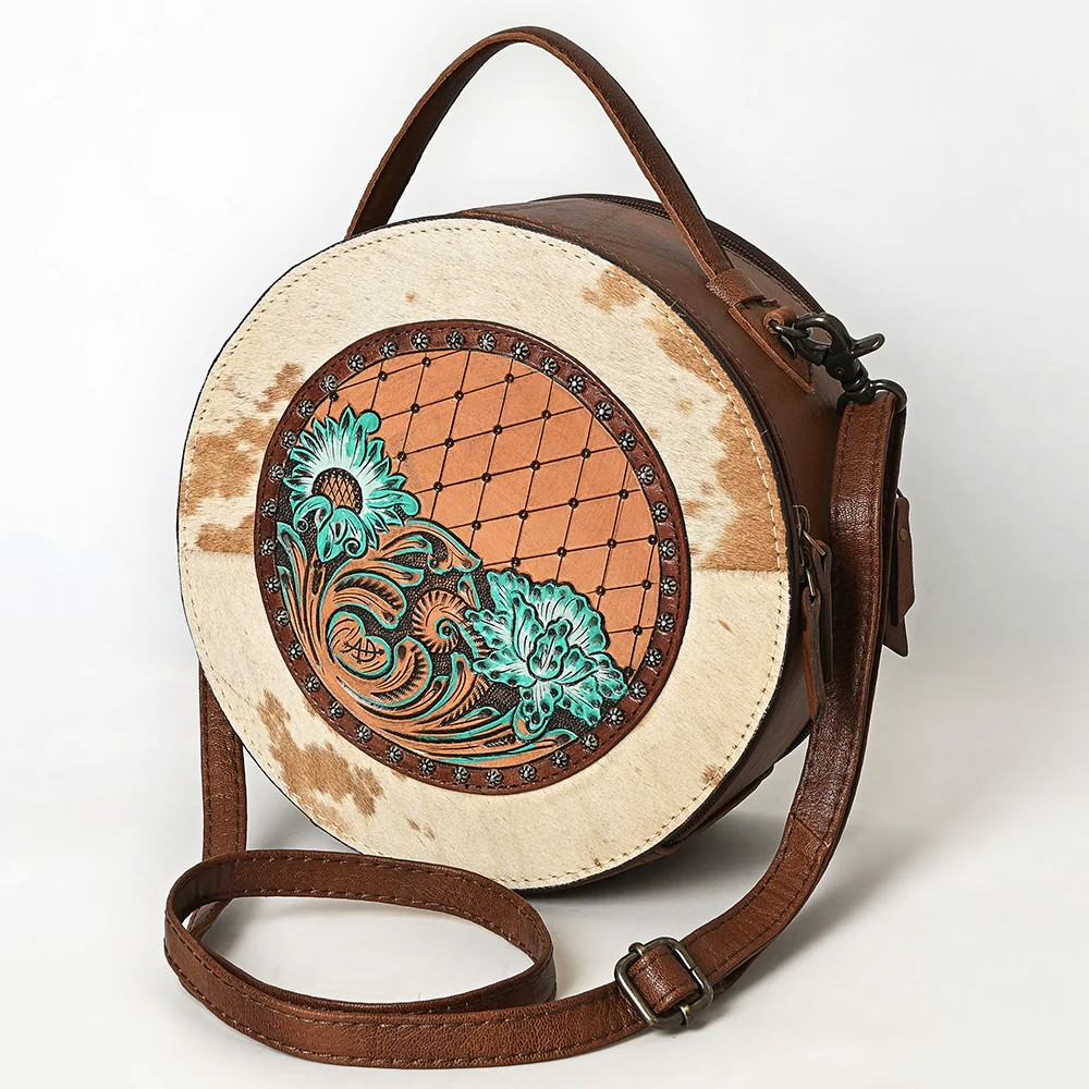 American American Darling Western Genuine Leather Canteen Bag with Hand-Tooled Detailing & Hair-On Accents-Turquoise or Black