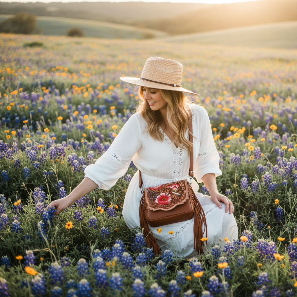 Hummingbird Blooms Leather Tooled Fringed crossbody