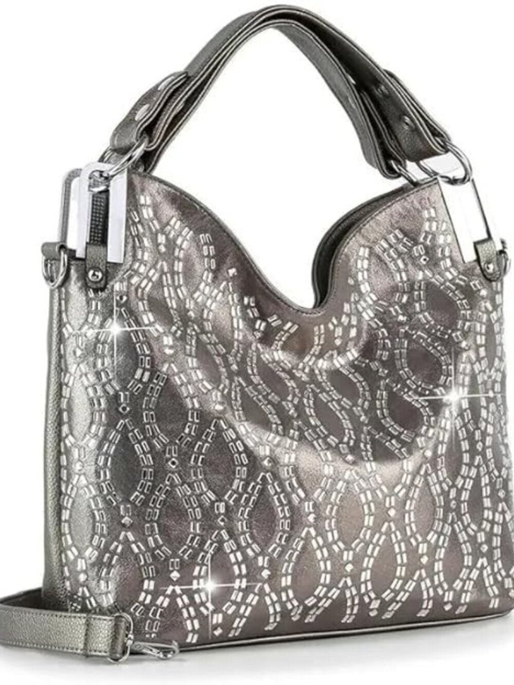 Pewter Mosaic Luxe Shoulder Bag with rhinestone details