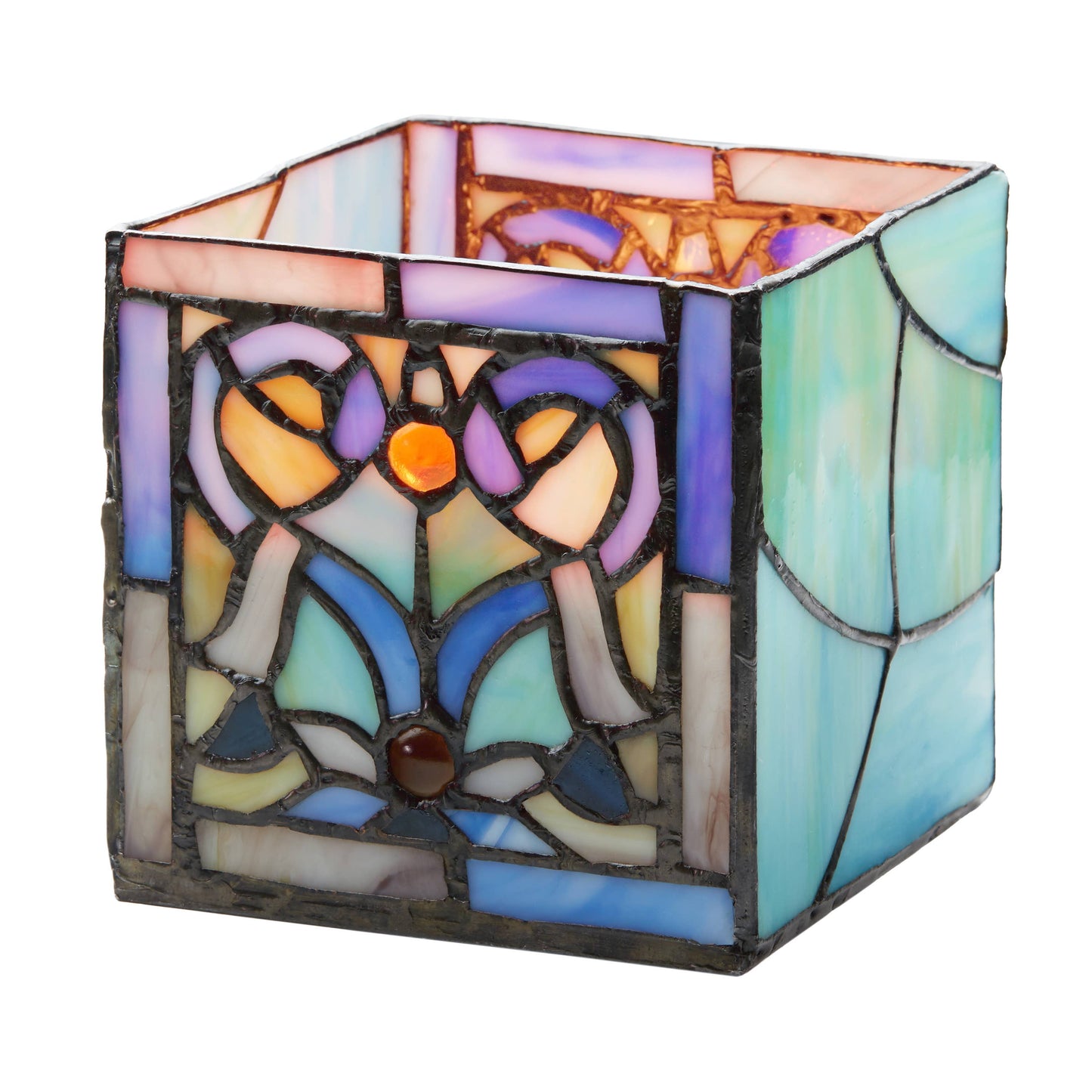 4.75"H Ilsa  Blue Flourishes Stained Glass Candle Holder
