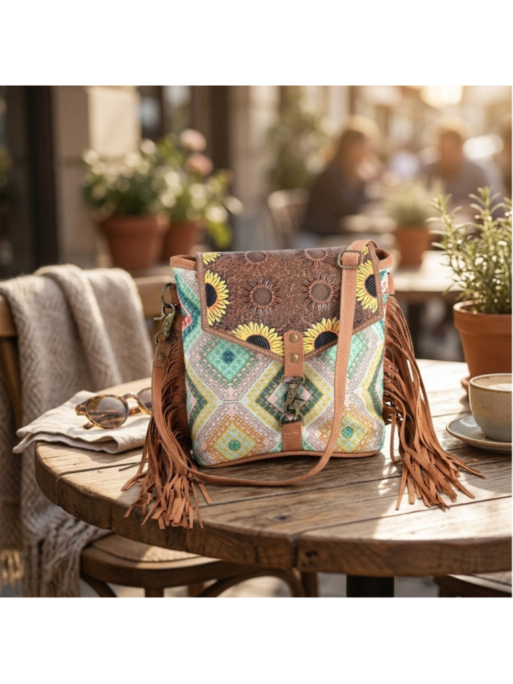 Ohlay by American Darling Sunflower Daydreams Fringe Crossbody teal and yellow