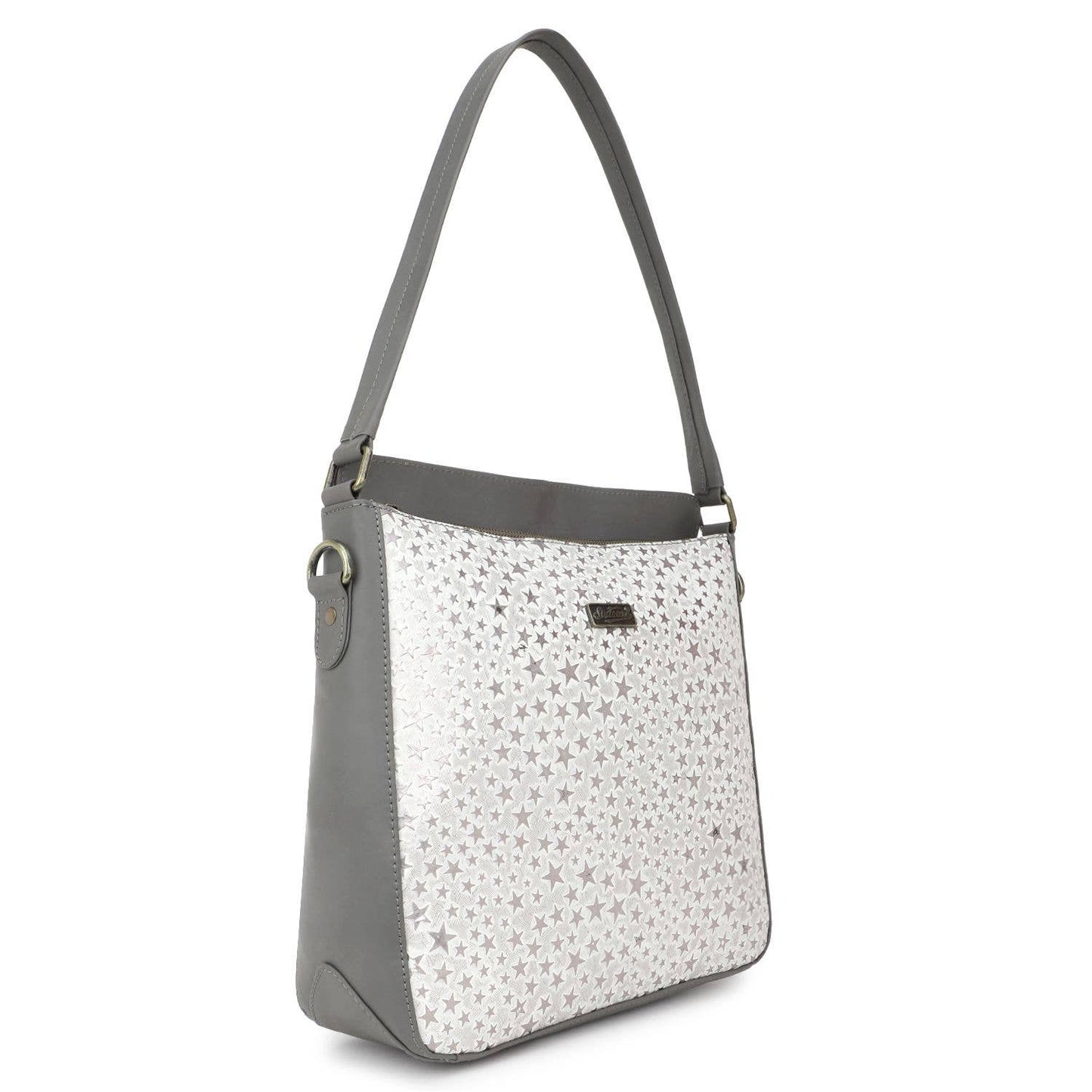 Leather Women's Shoulder Bag - Dark Gray Stars