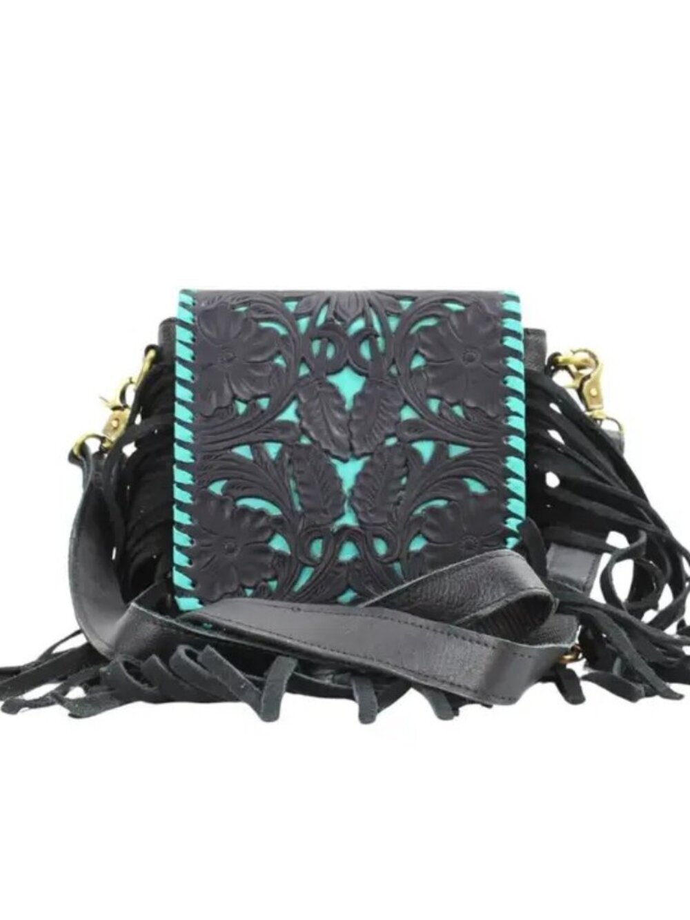 Turquoise at Midnight Boho Fringe Floral Crossbody