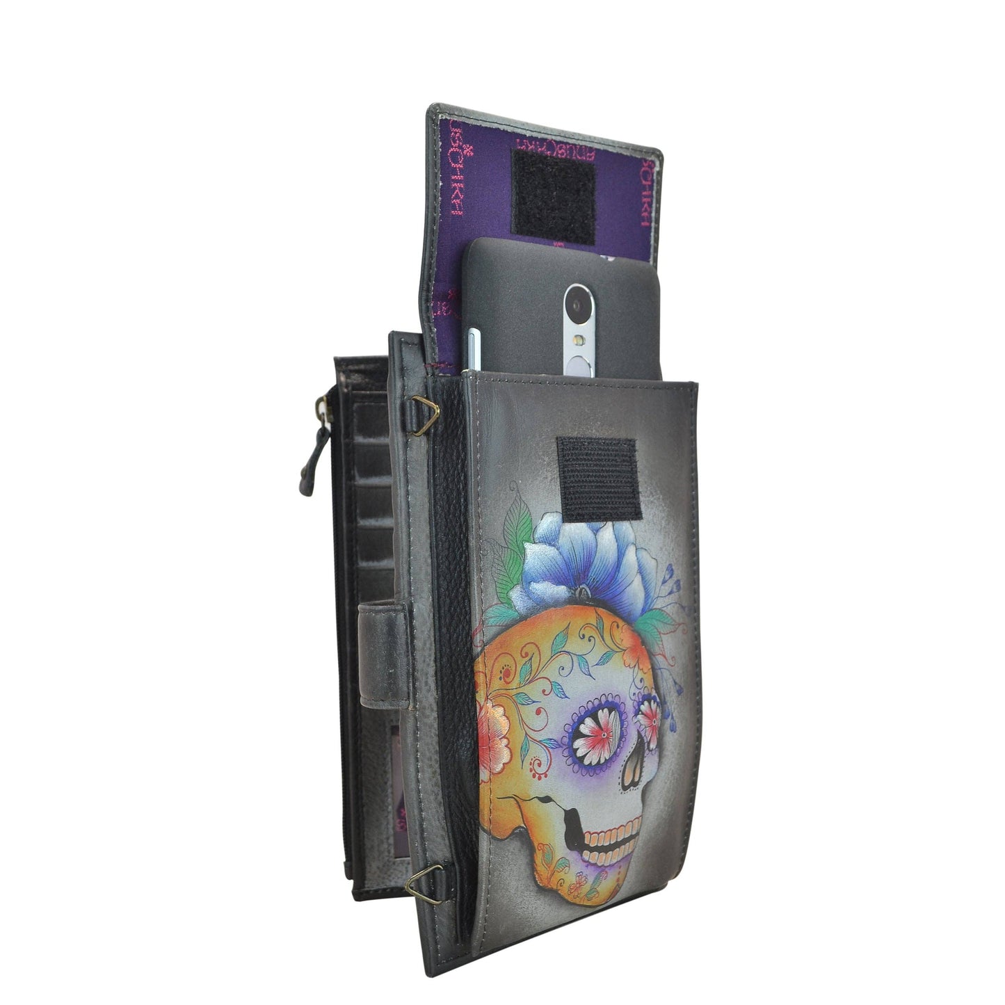 Anuschka Hand-Painted Leather Cell Phone Case & Wallet - 1113- sugar skull