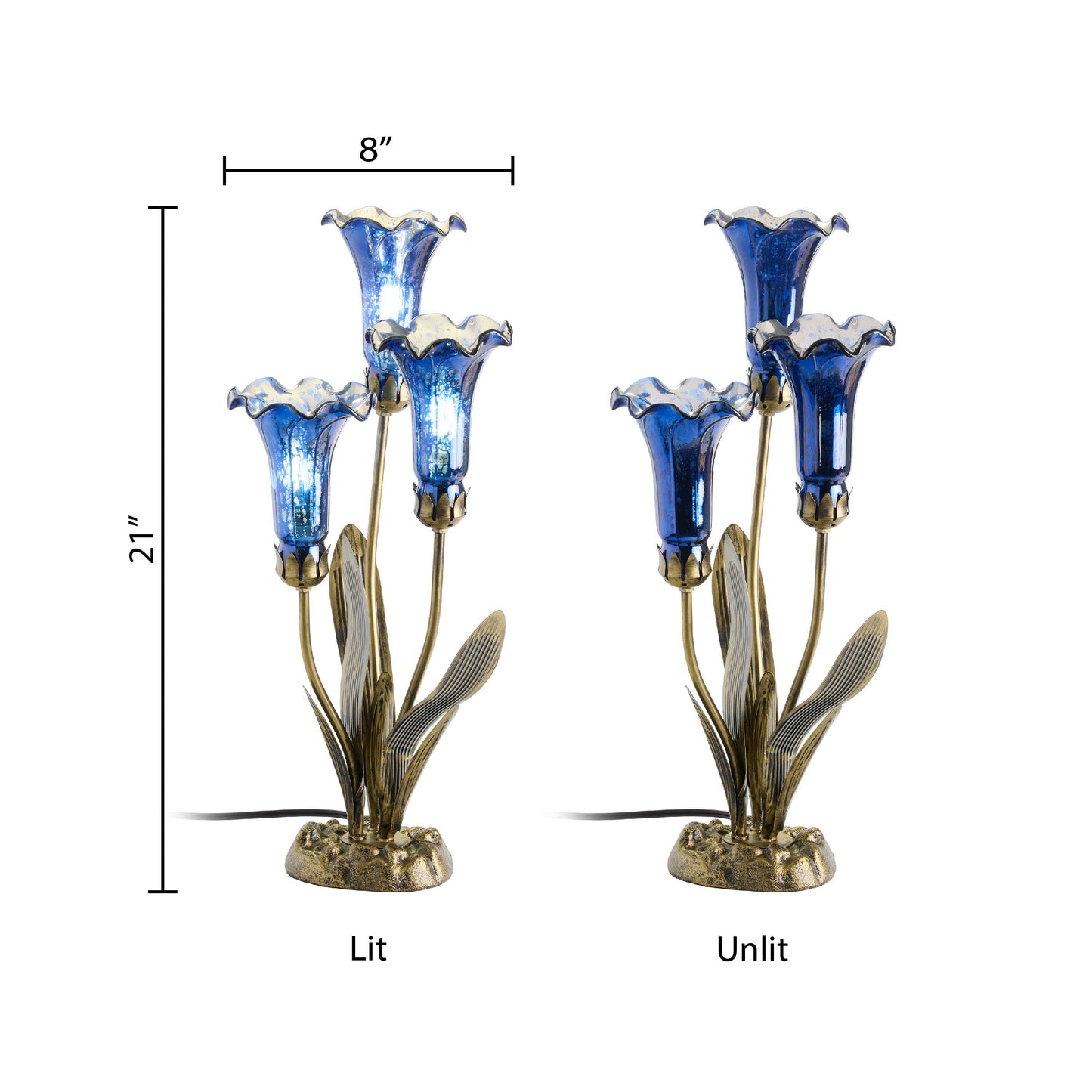 21"H Blue Mercury Glass 3 Lily Uplight Table Lamp