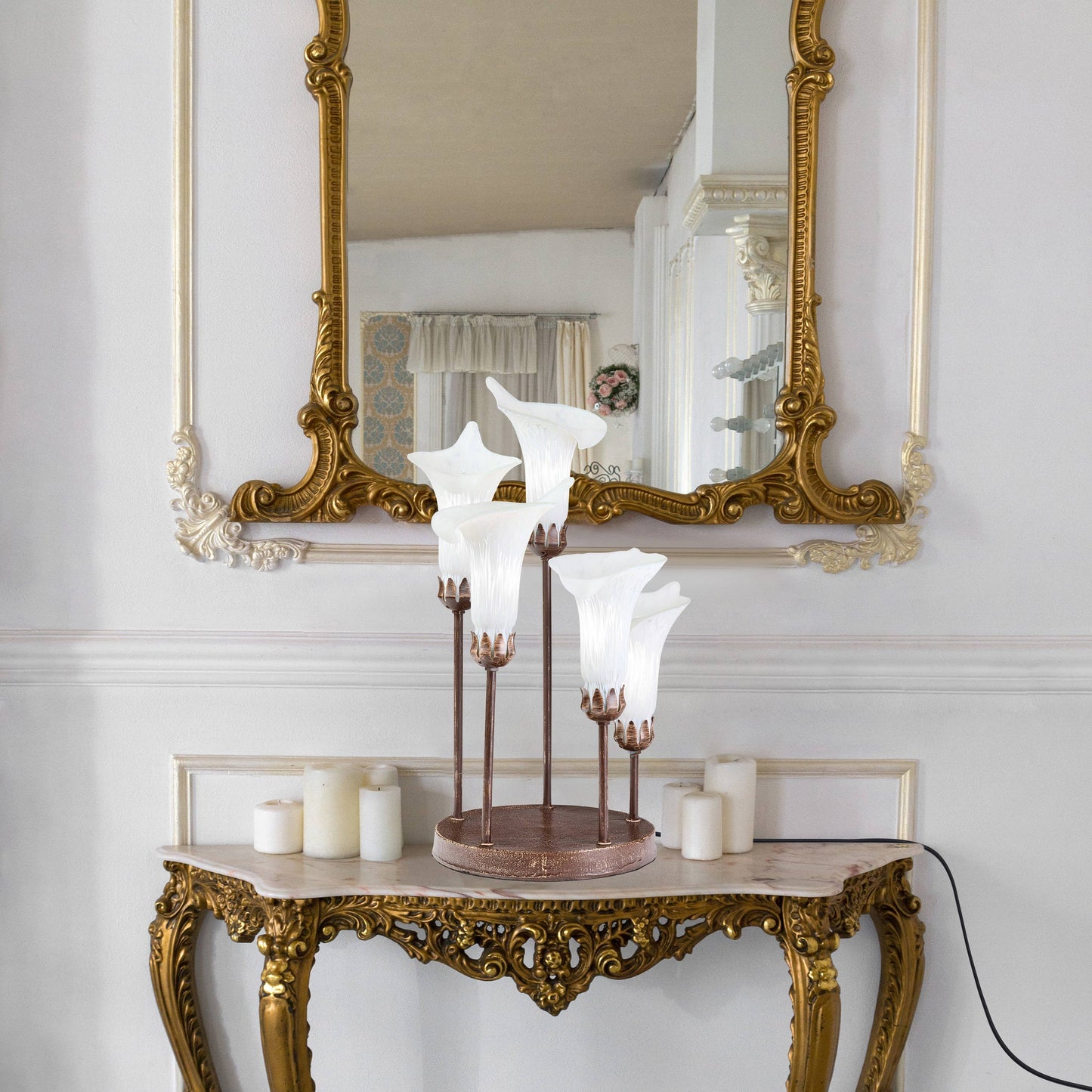 19.5"H Calla Lily Bronze Base with White Shades Table Lamp