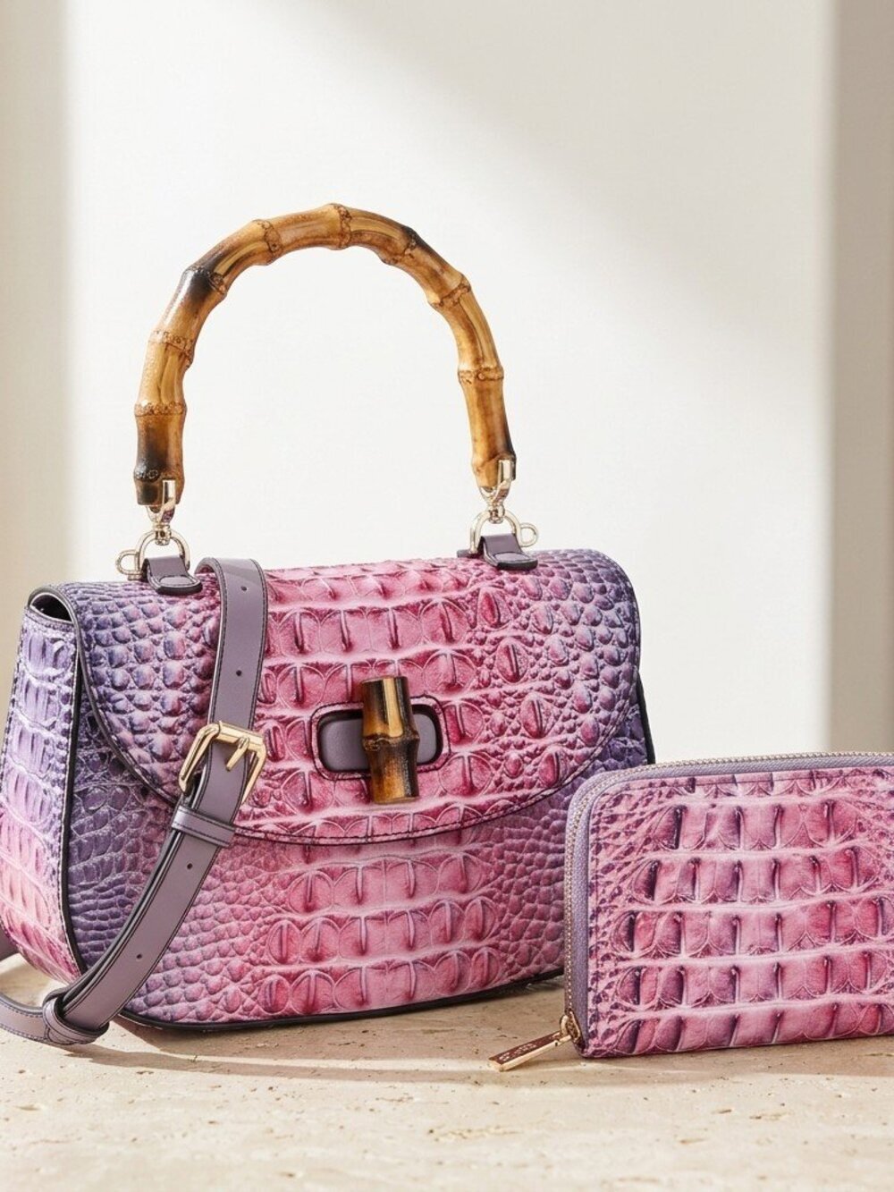 Bamboo handle croc embossed Tie-dyed satchel and wallet set