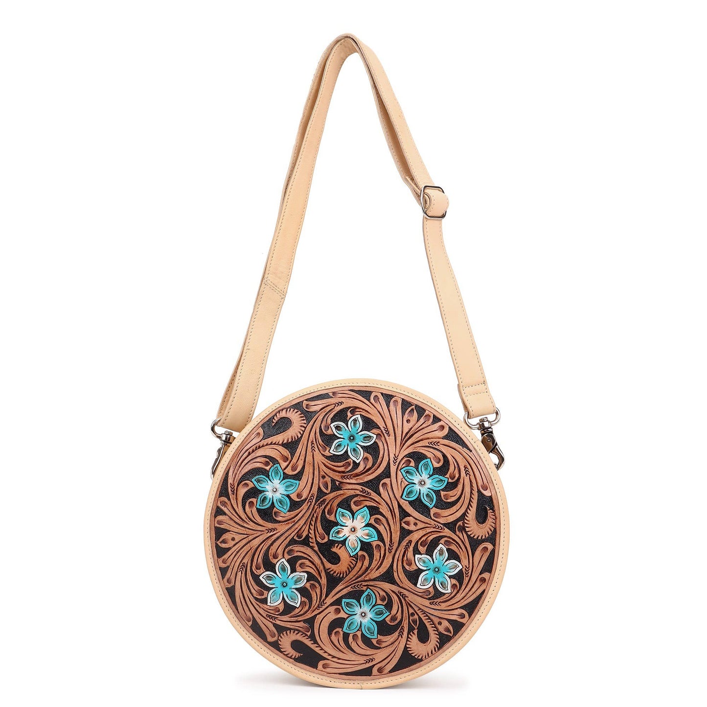 Leather Cowhide Western Hand Tooled Women's Round Crossbody Brown and White