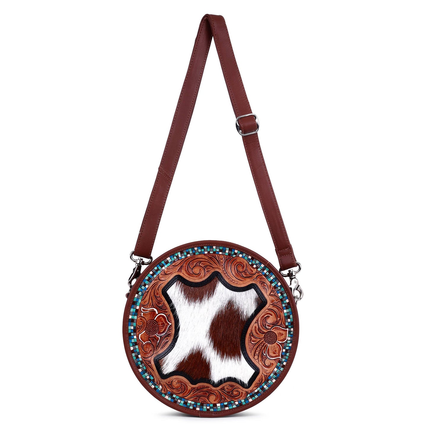 Leather Cowhide Western Hand Tooled Women's Round Crossbody Brown and White