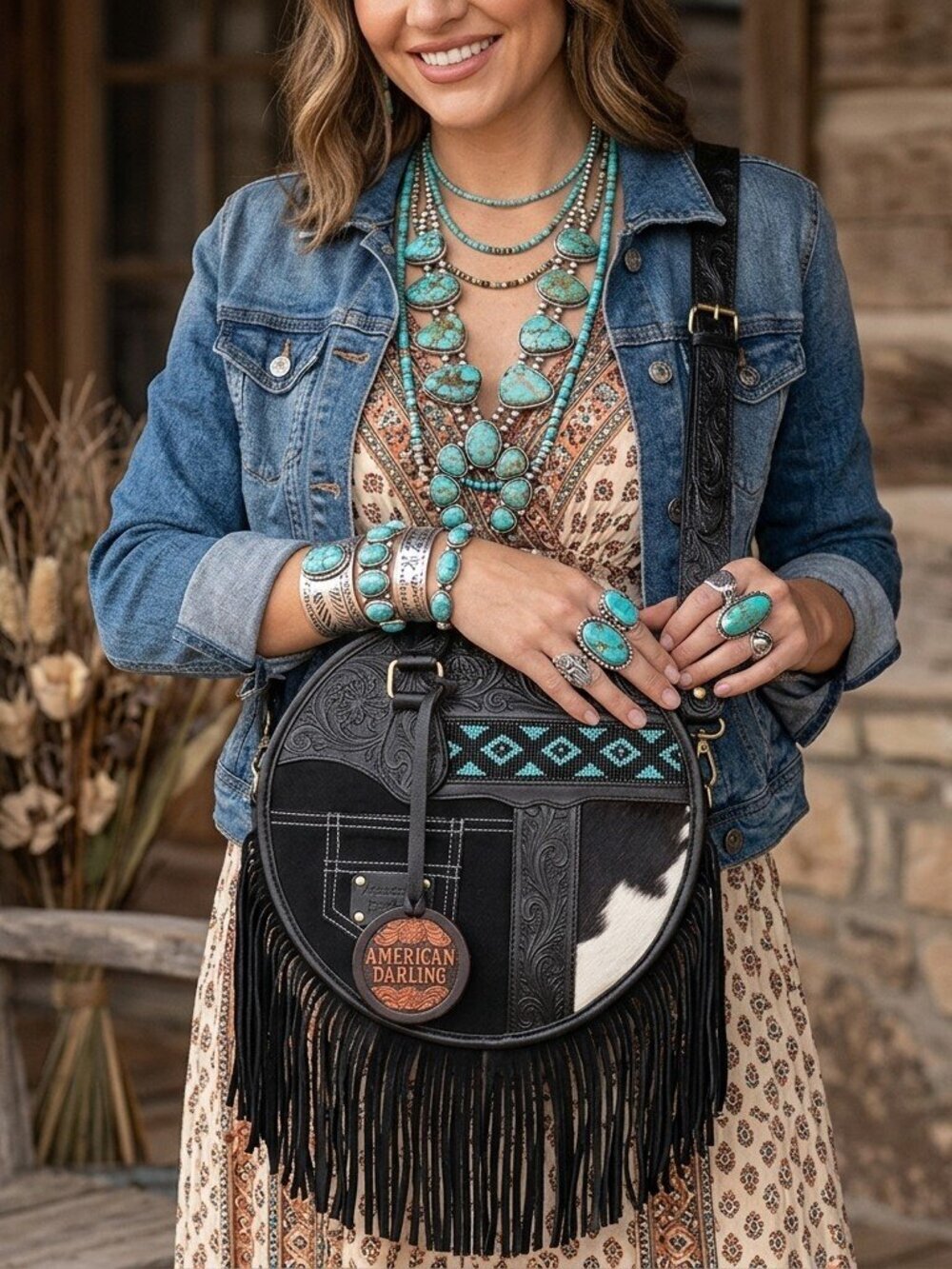 American Darling mixed media Black Western Round Fringe Crossbody Canteen Bag