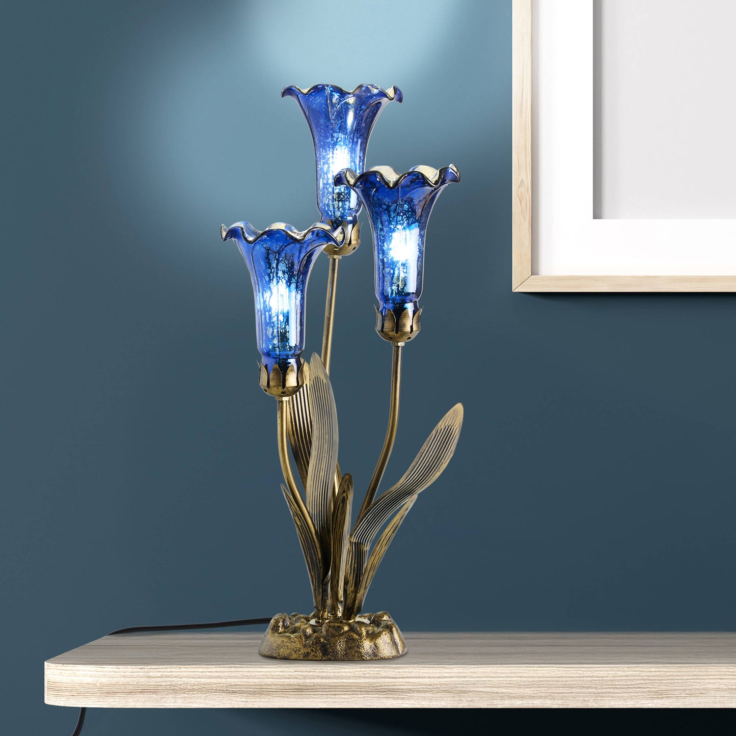 21"H Blue Mercury Glass 3 Lily Uplight Table Lamp