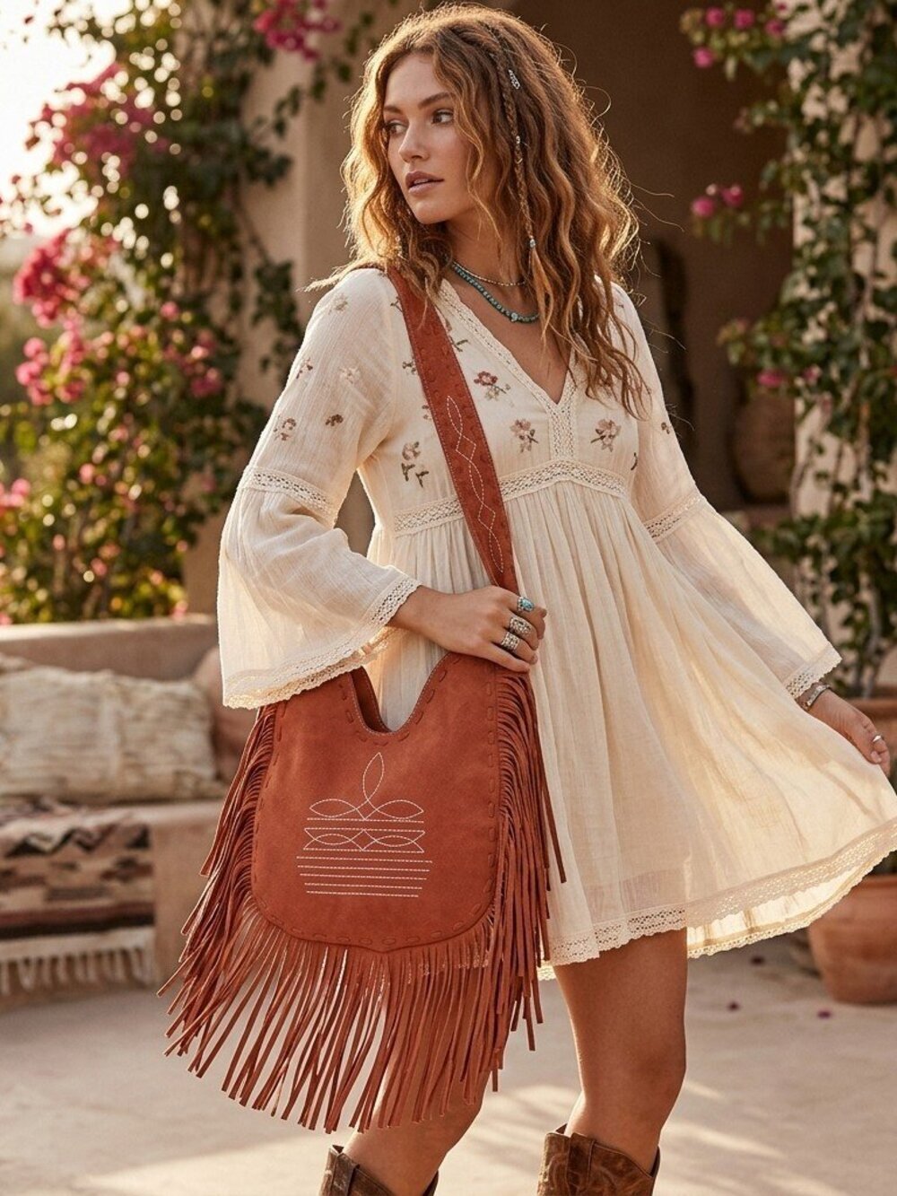 American Darling Peaches and Cream Desert Fringe Suede Crossbody Hobo